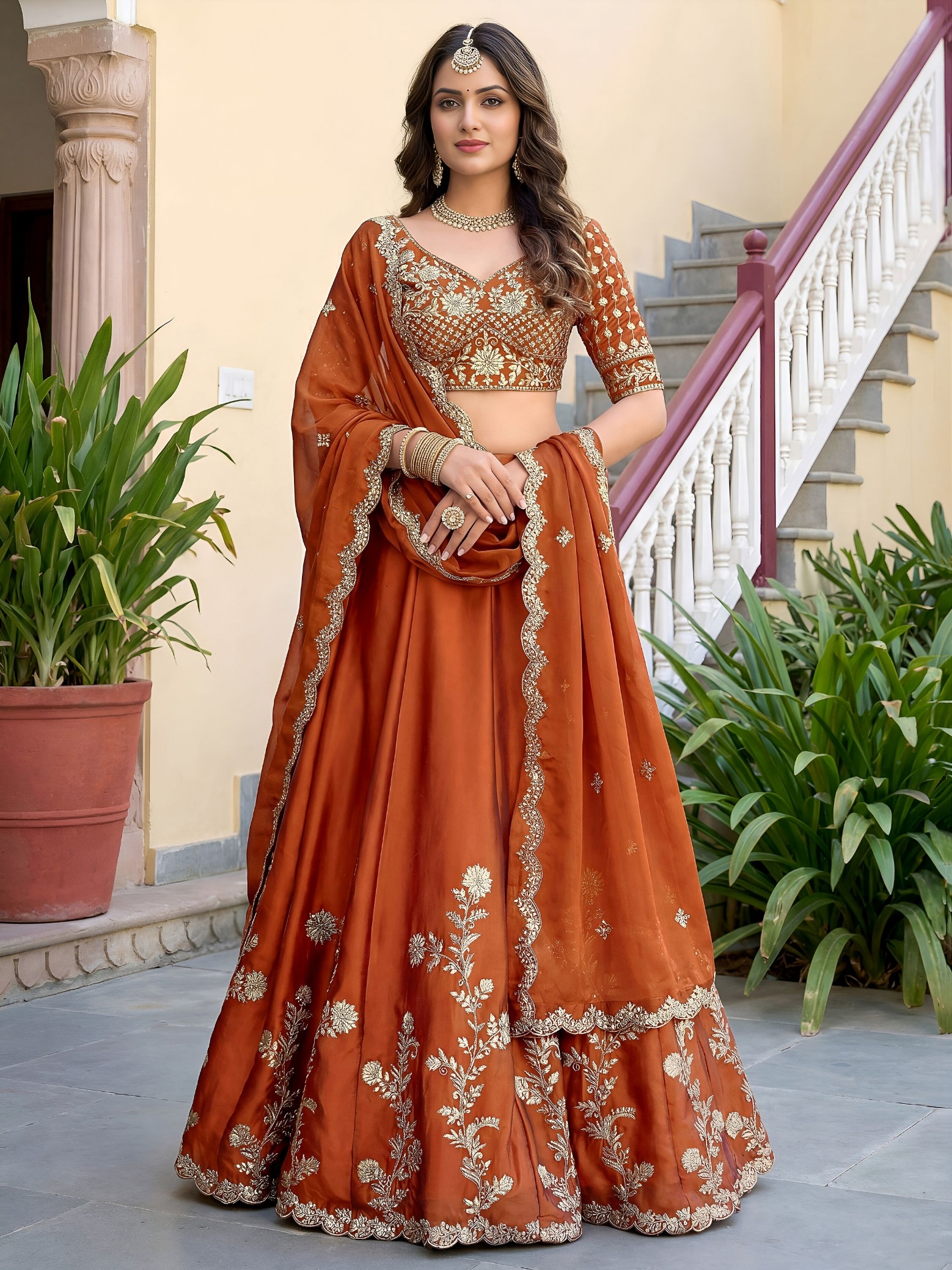 Rust Floral Embroidered Rangoli Silk Lehenga Choli
