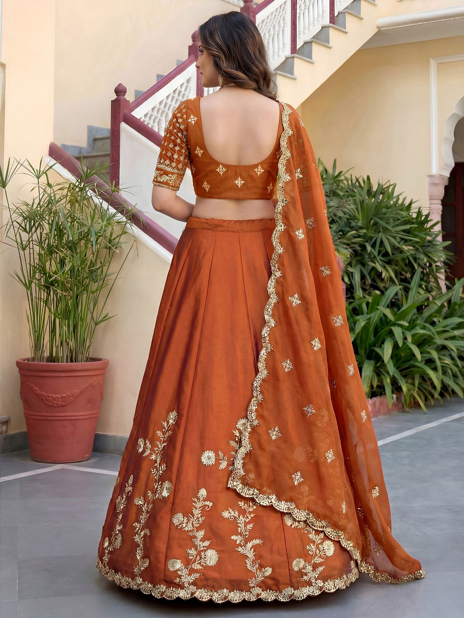 Rust Floral Embroidered Rangoli Silk Lehenga Choli — alternate view