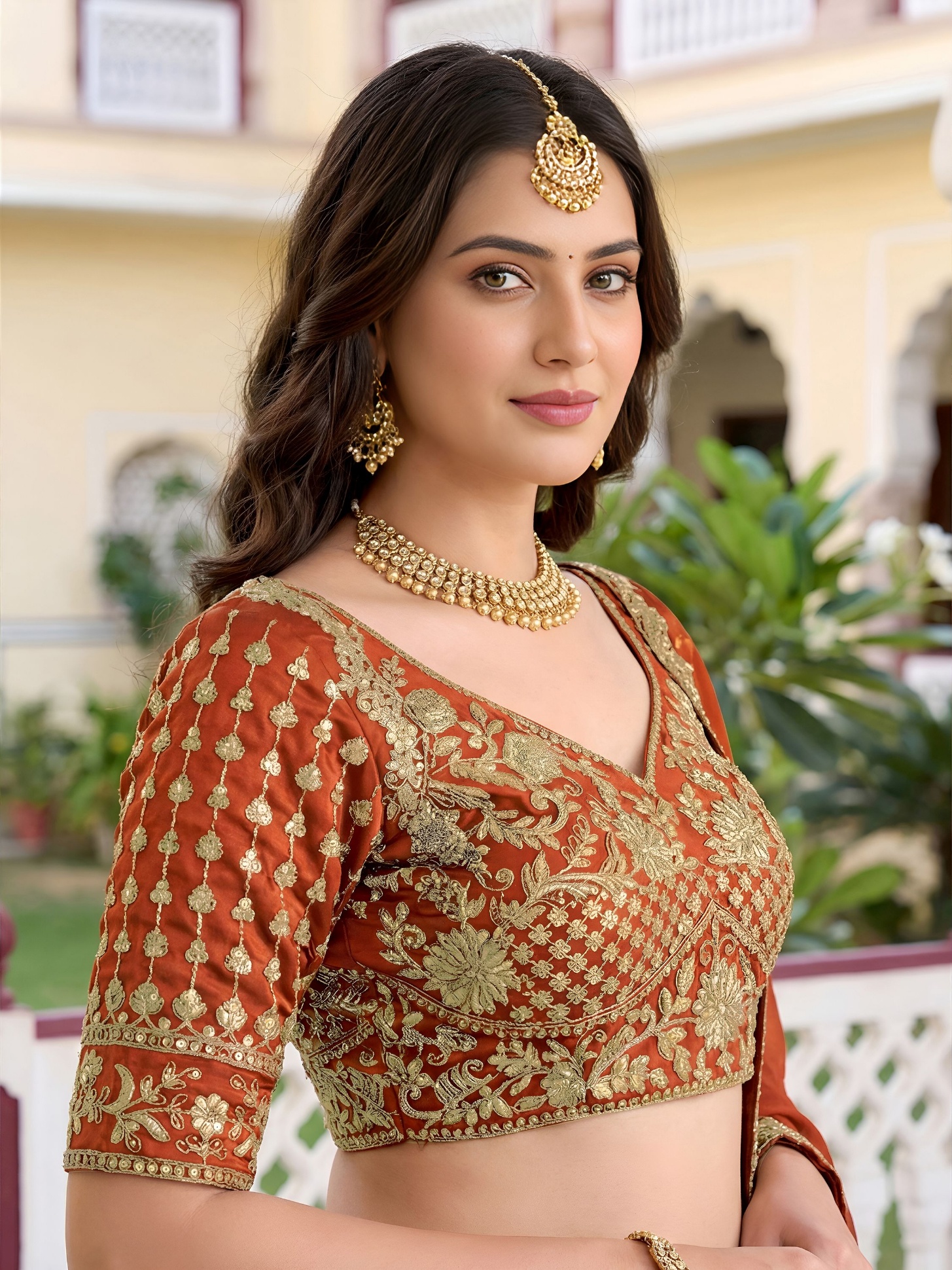 Rust Floral Embroidered Rangoli Silk Lehenga Choli