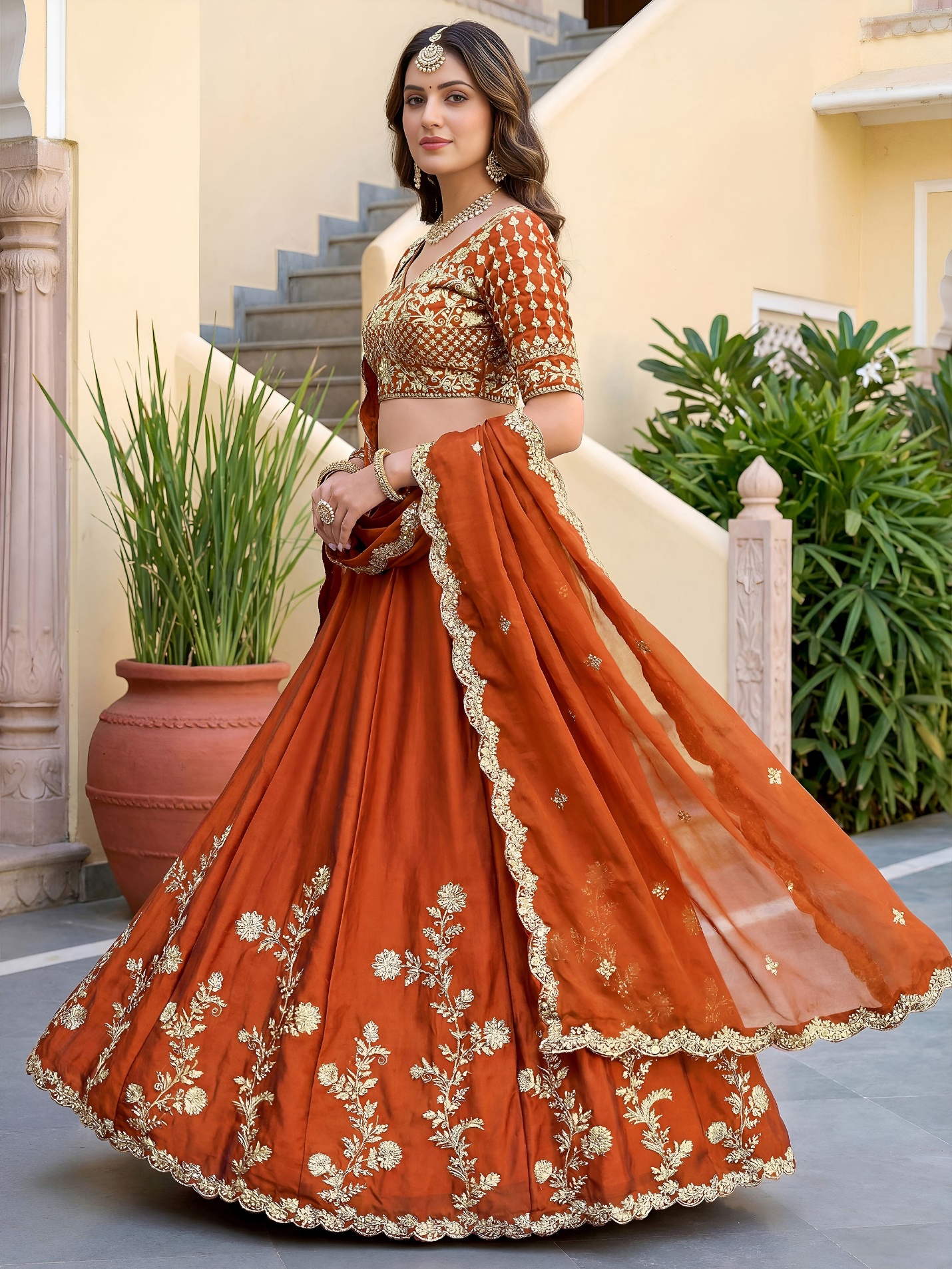 Rust Floral Embroidered Rangoli Silk Lehenga Choli