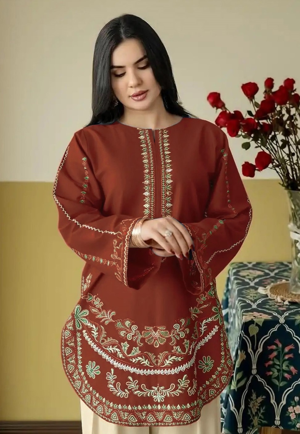 Rust Floral Embroidery Roman Silk Palazzo Suit — alternate view