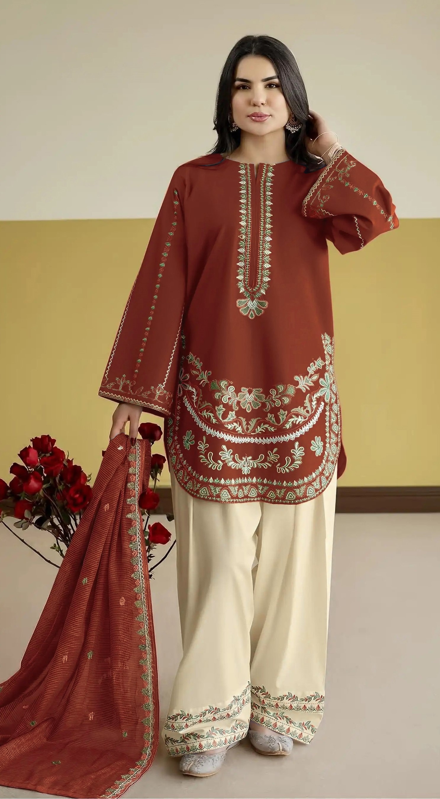 Rust Floral Embroidery Roman Silk Palazzo Suit
