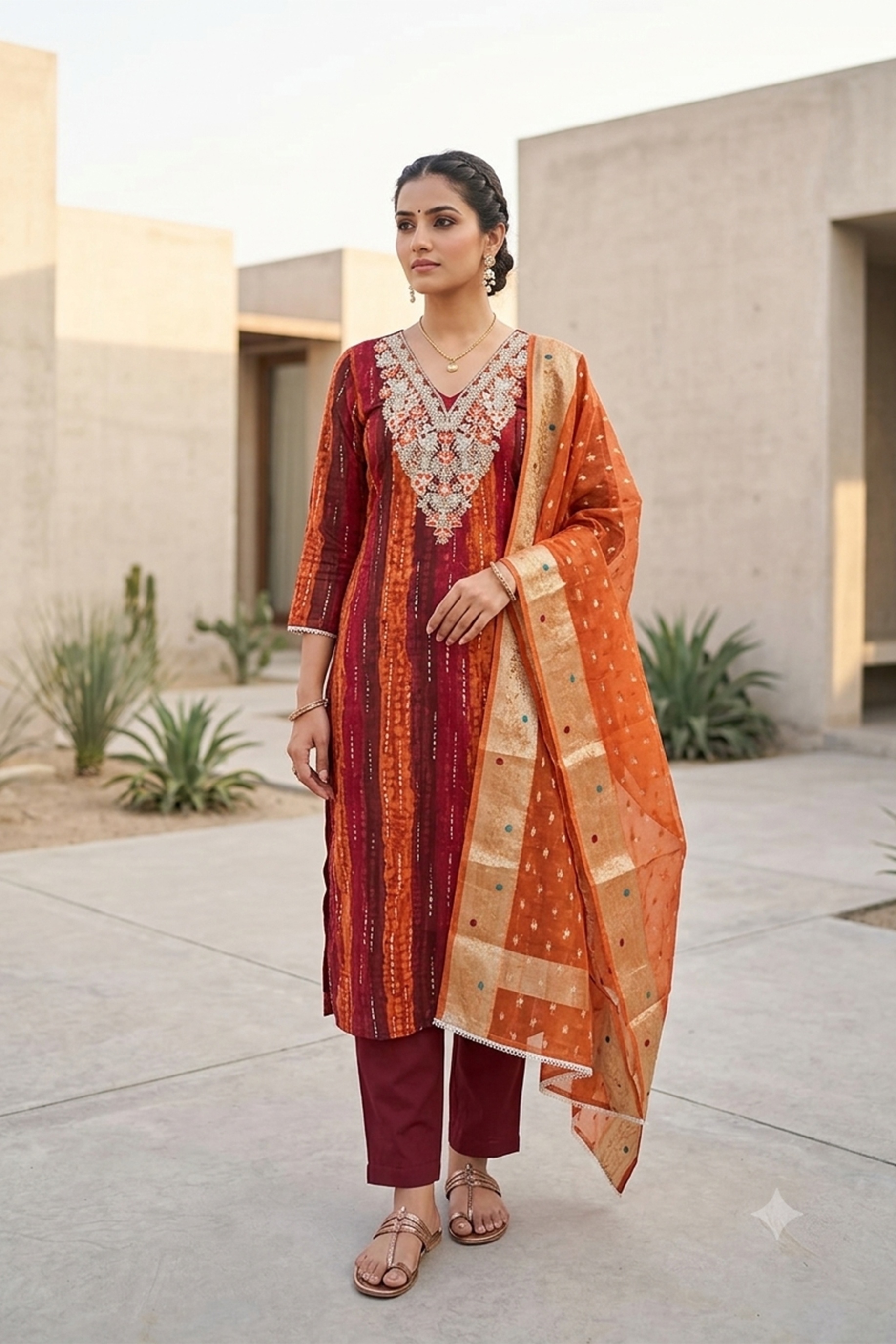 Rust Floral Hand Work Modal Cotton Straight Suit