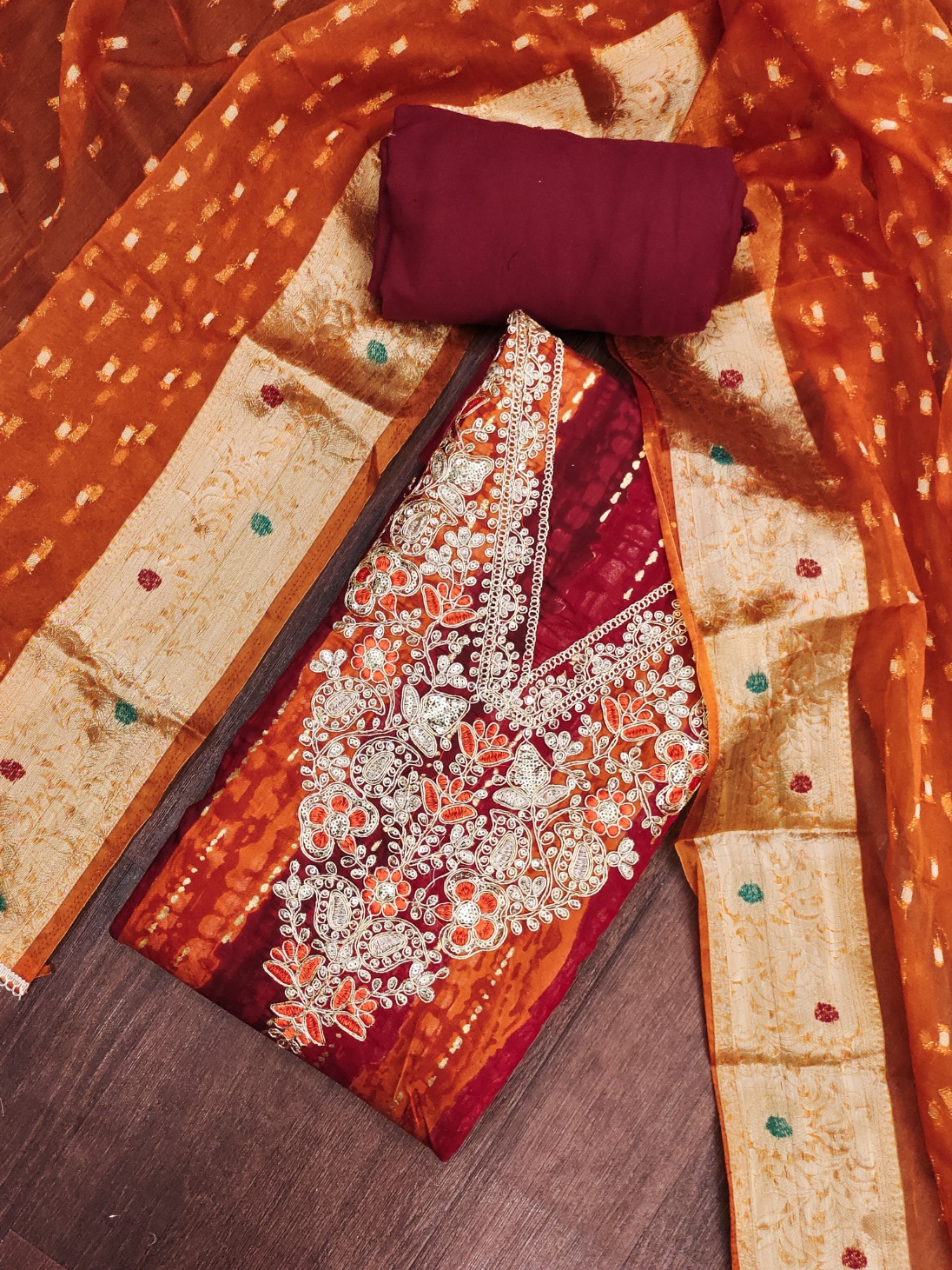 Rust Floral Hand Work Modal Cotton Straight Suit