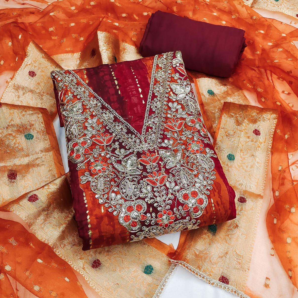 Rust Floral Hand Work Modal Cotton Straight Suit