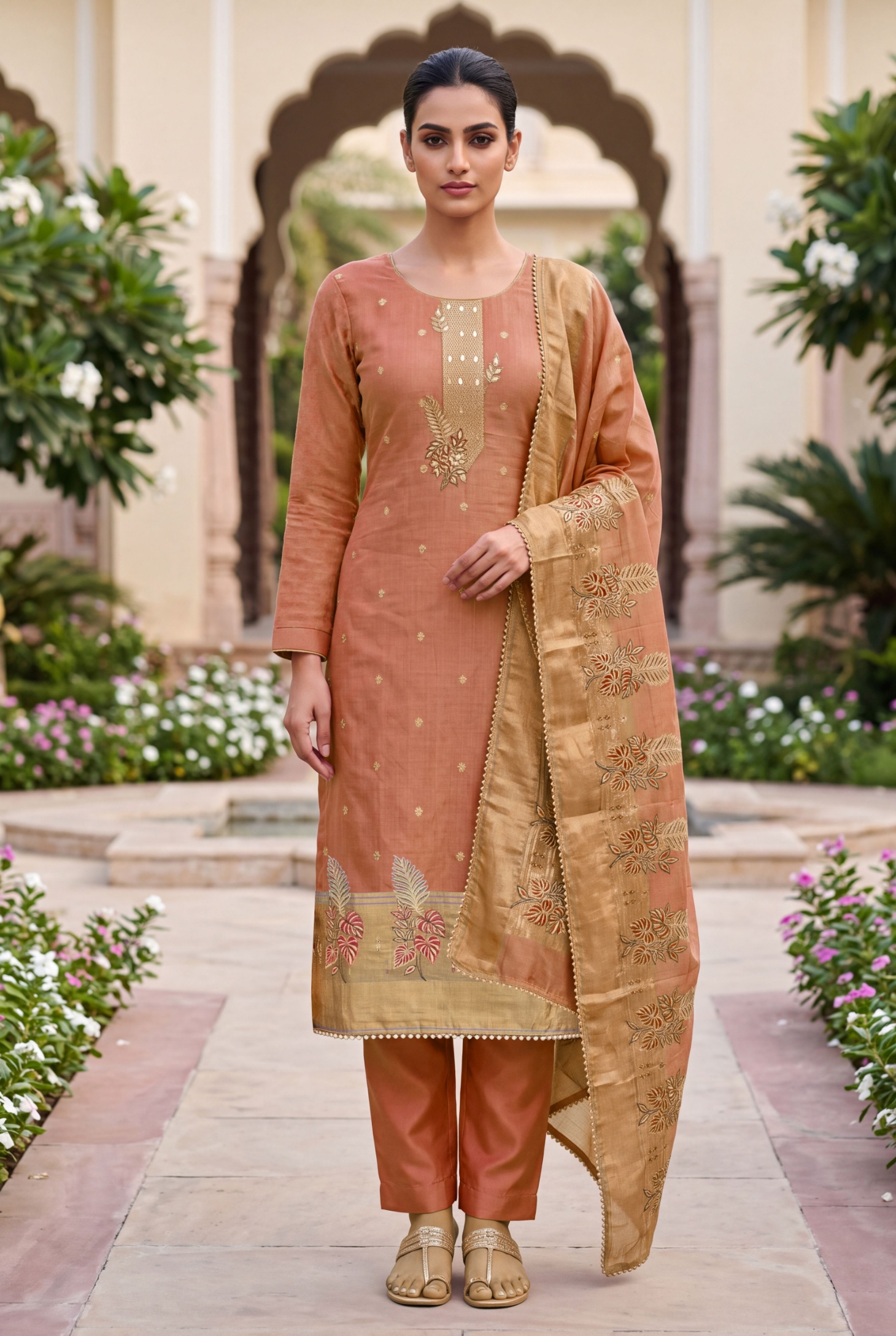 Rust Floral Handwork Banarasi Cotton Straight Suit