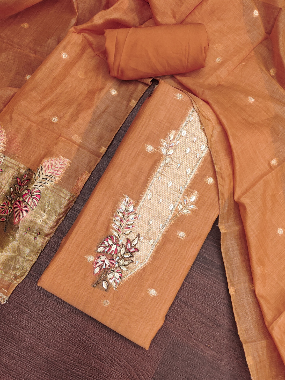 Rust Floral Handwork Banarasi Cotton Straight Suit — alternate view