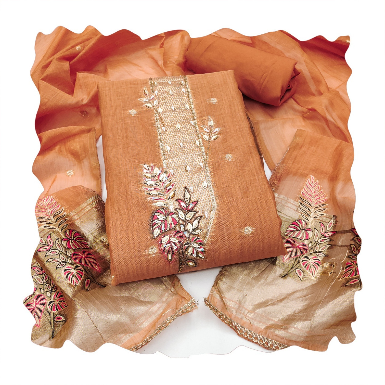 Rust Floral Handwork Banarasi Cotton Straight Suit