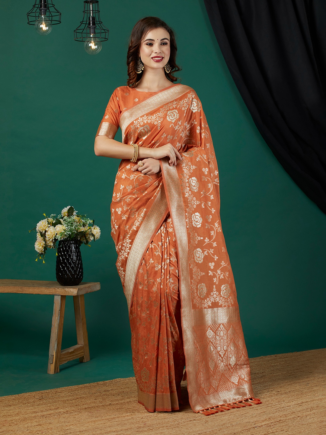 Rust Floral Jari Weaving Crepe Silk Saree