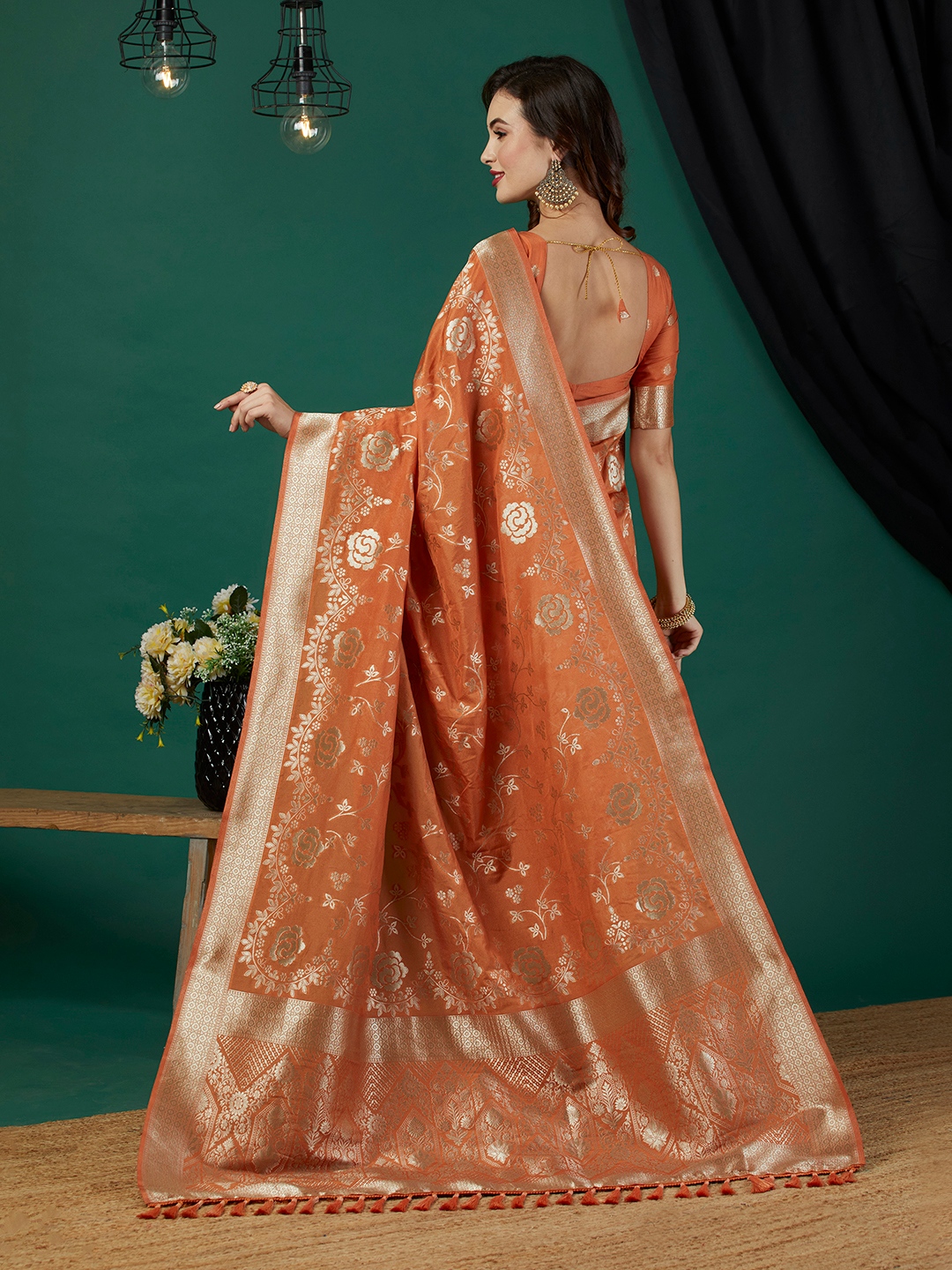 Rust Floral Jari Weaving Crepe Silk Saree — alternate view