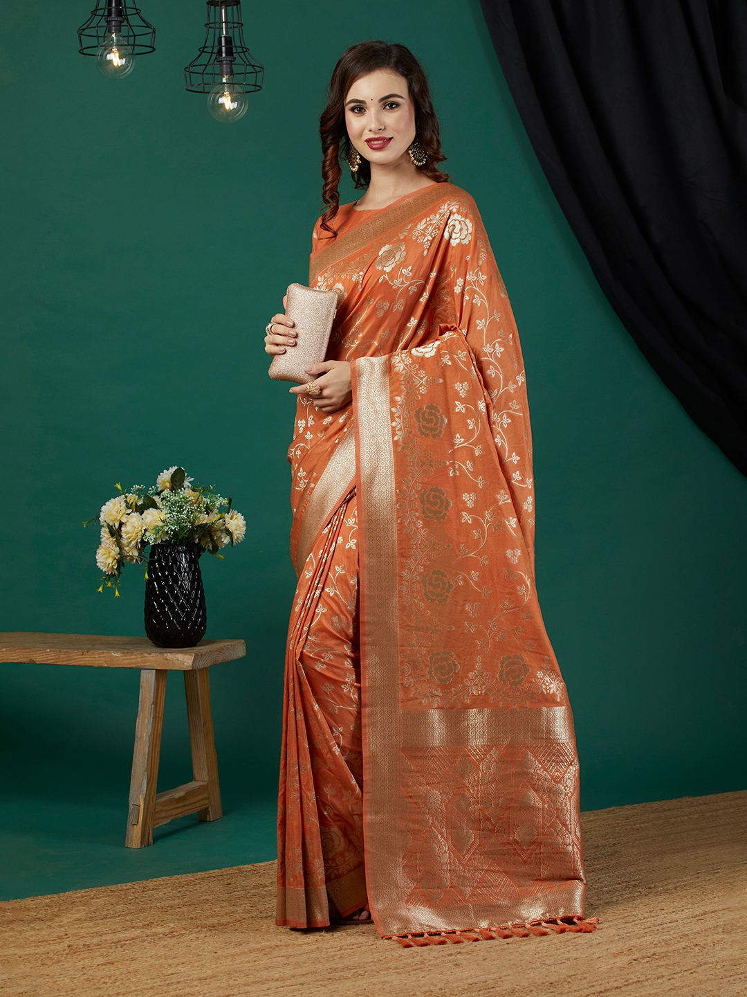 Rust Floral Jari Weaving Crepe Silk Saree