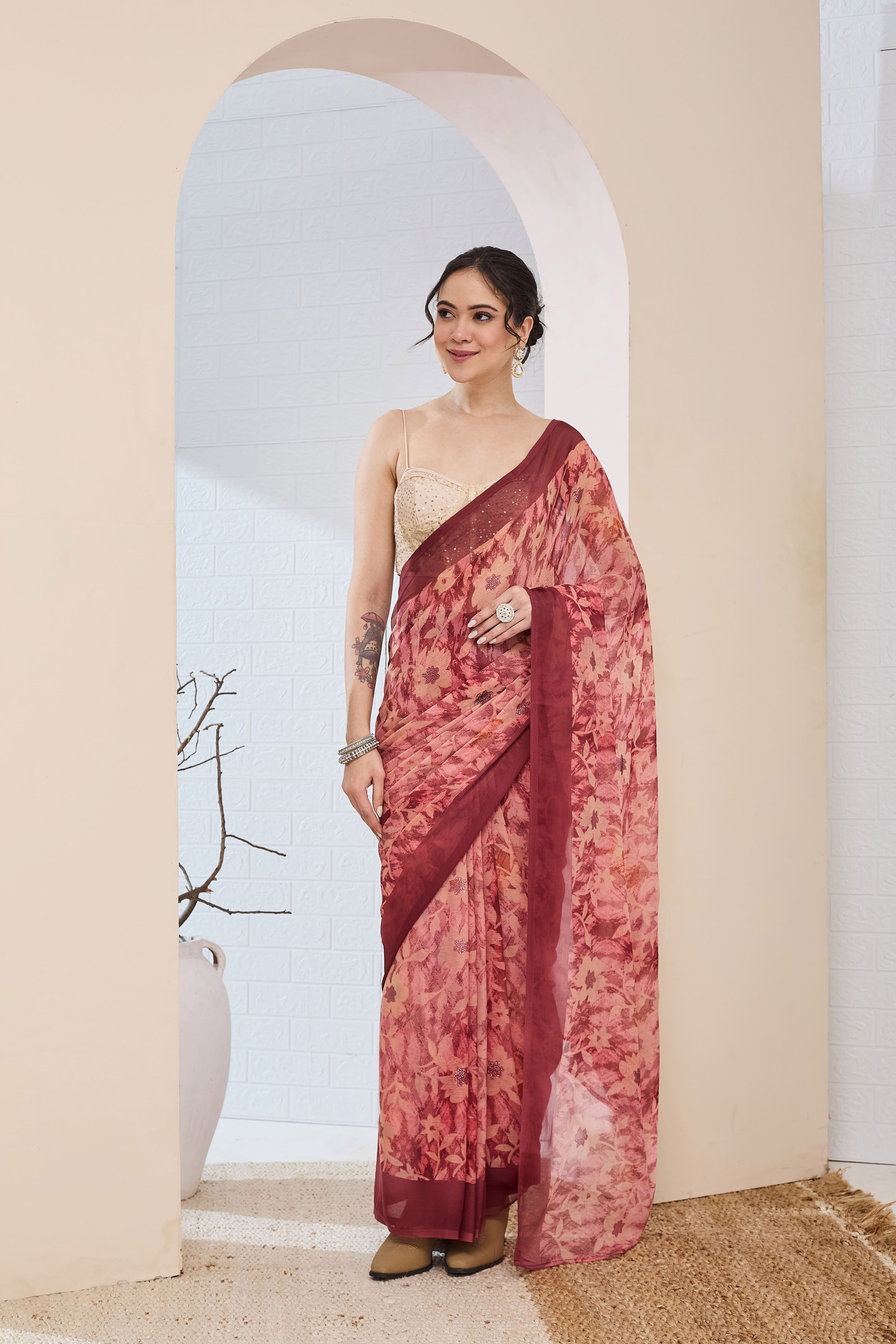 Rust Floral Printed Chiffon Ready To Wear Saree