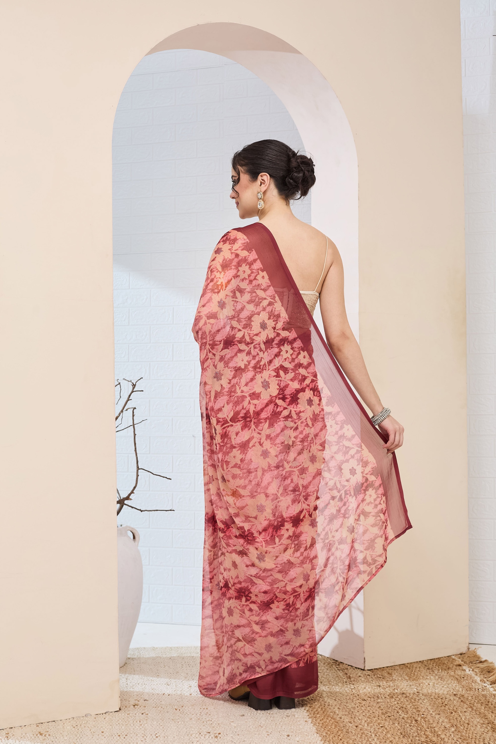 Rust Floral Printed Chiffon Ready To Wear Saree — alternate view