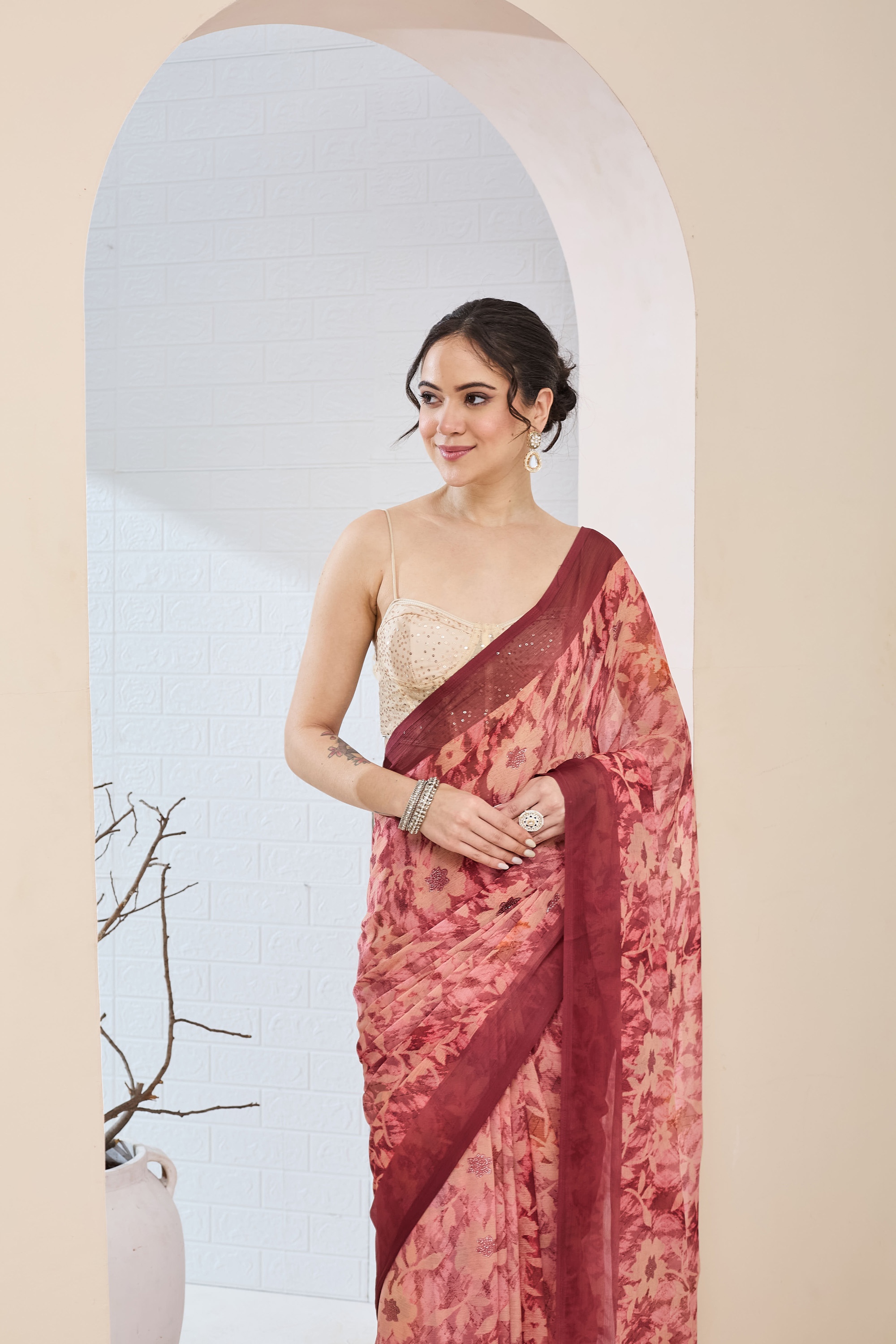 Rust Floral Printed Chiffon Ready To Wear Saree