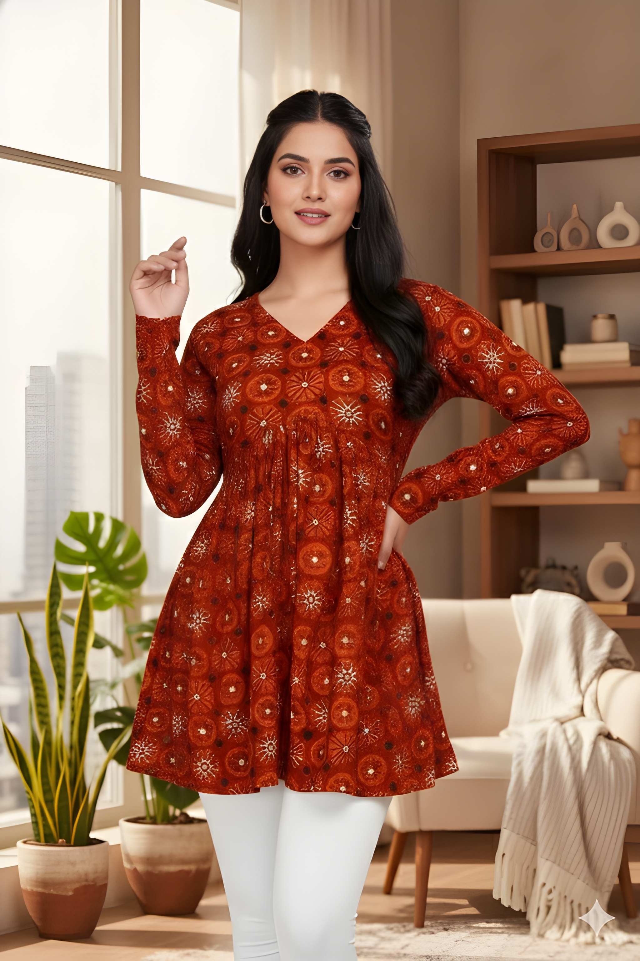 Rust Floral Printed Delta Silk A-Line Top