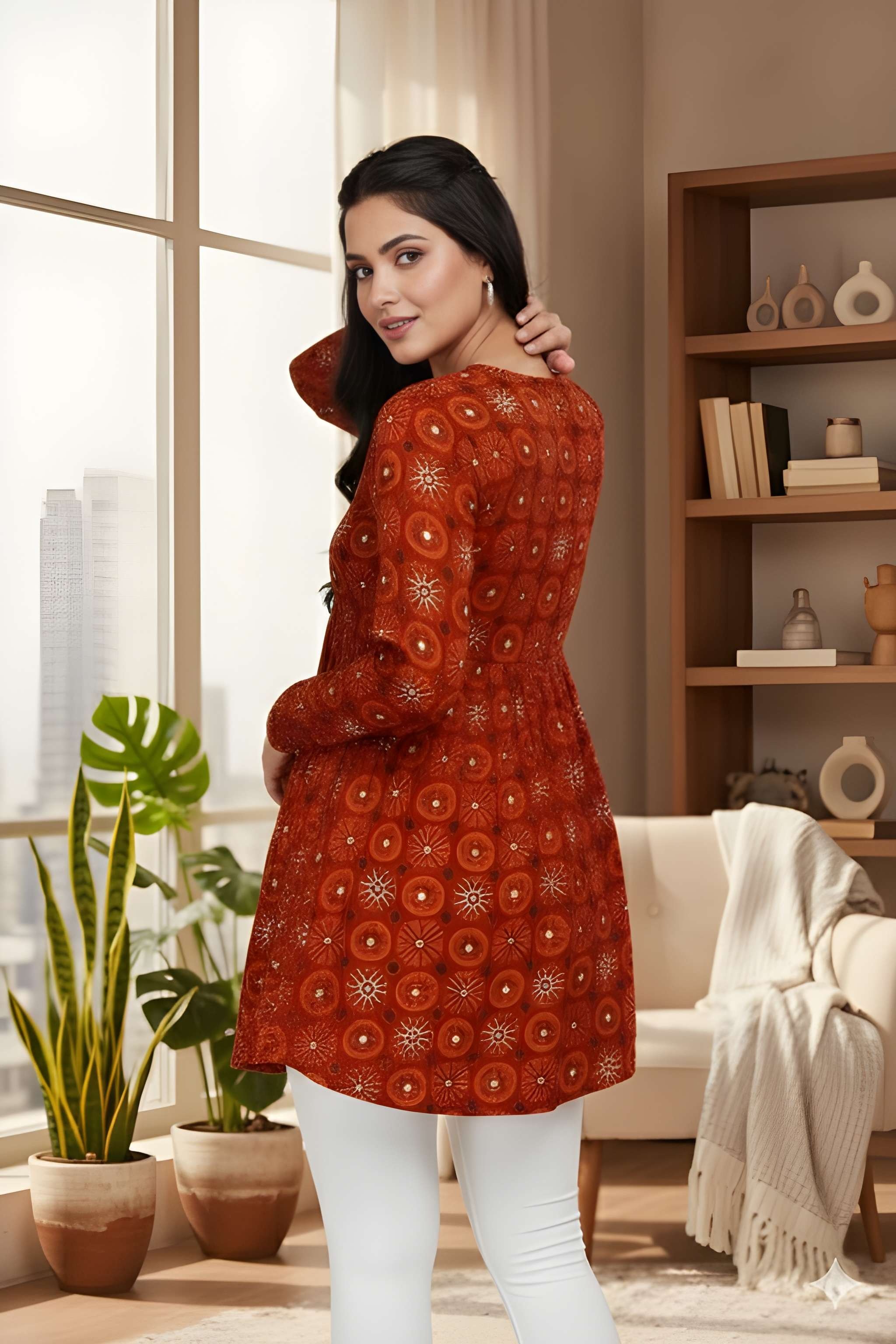Rust Floral Printed Delta Silk A-Line Top — alternate view