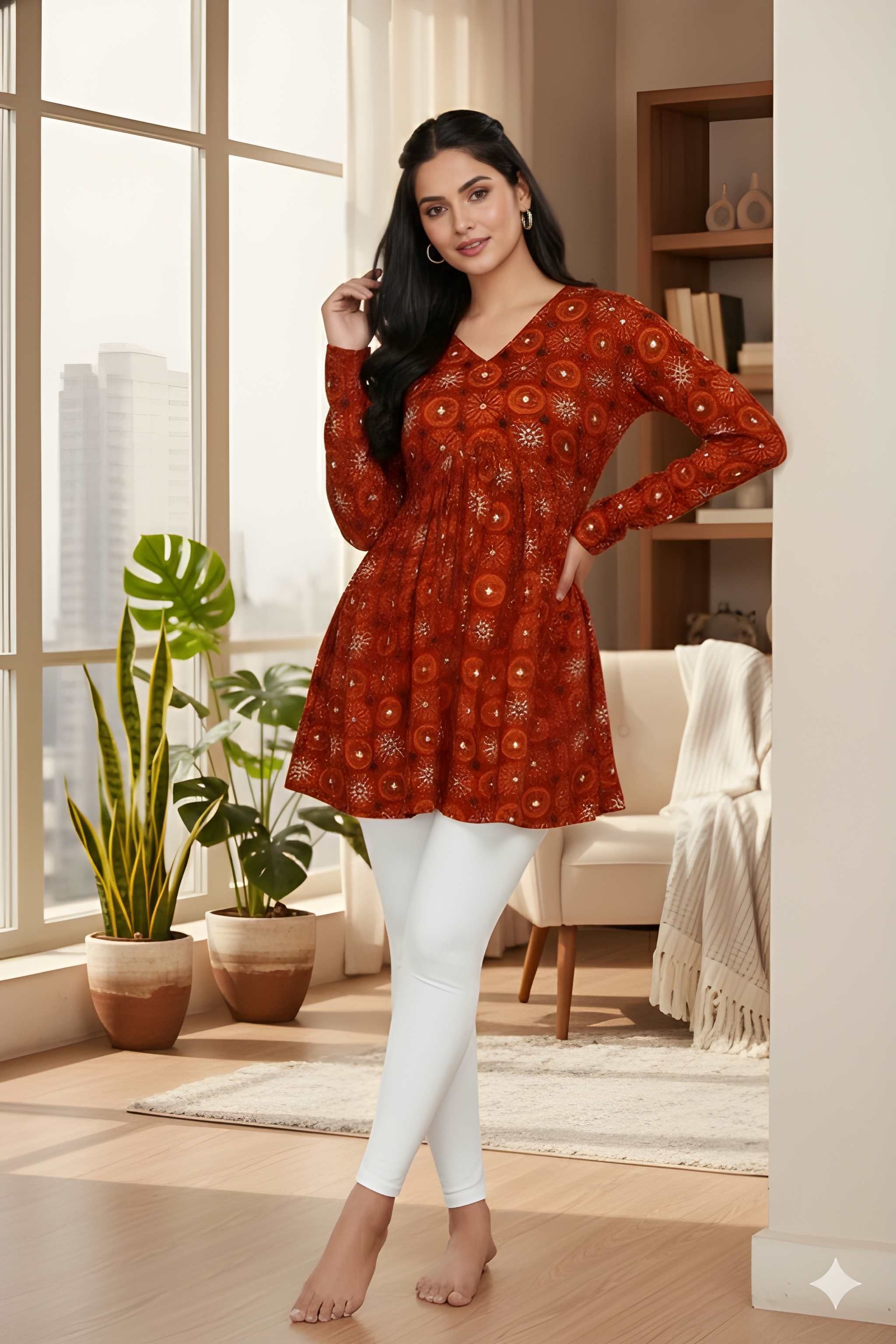 Rust Floral Printed Delta Silk A-Line Top
