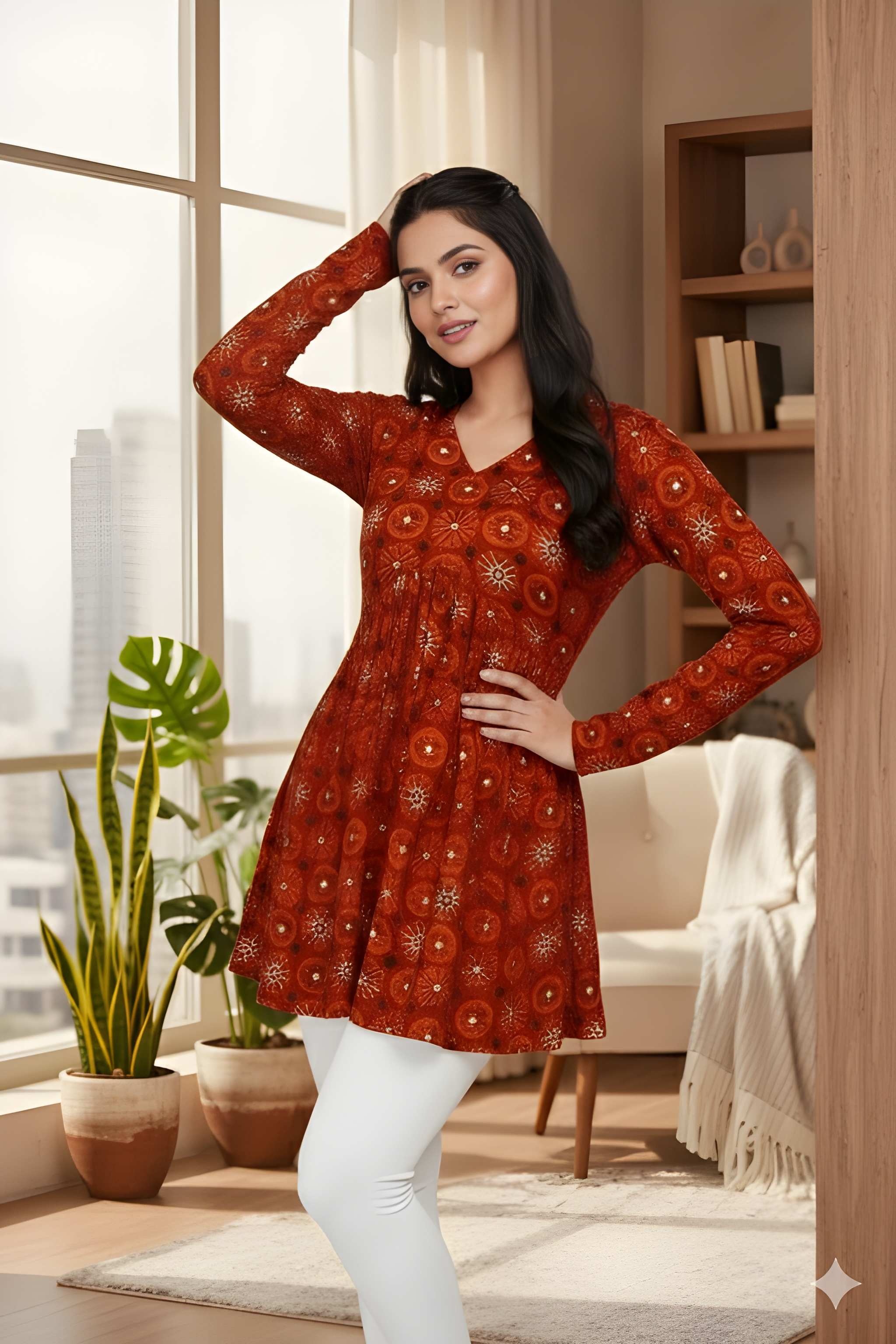 Rust Floral Printed Delta Silk A-Line Top