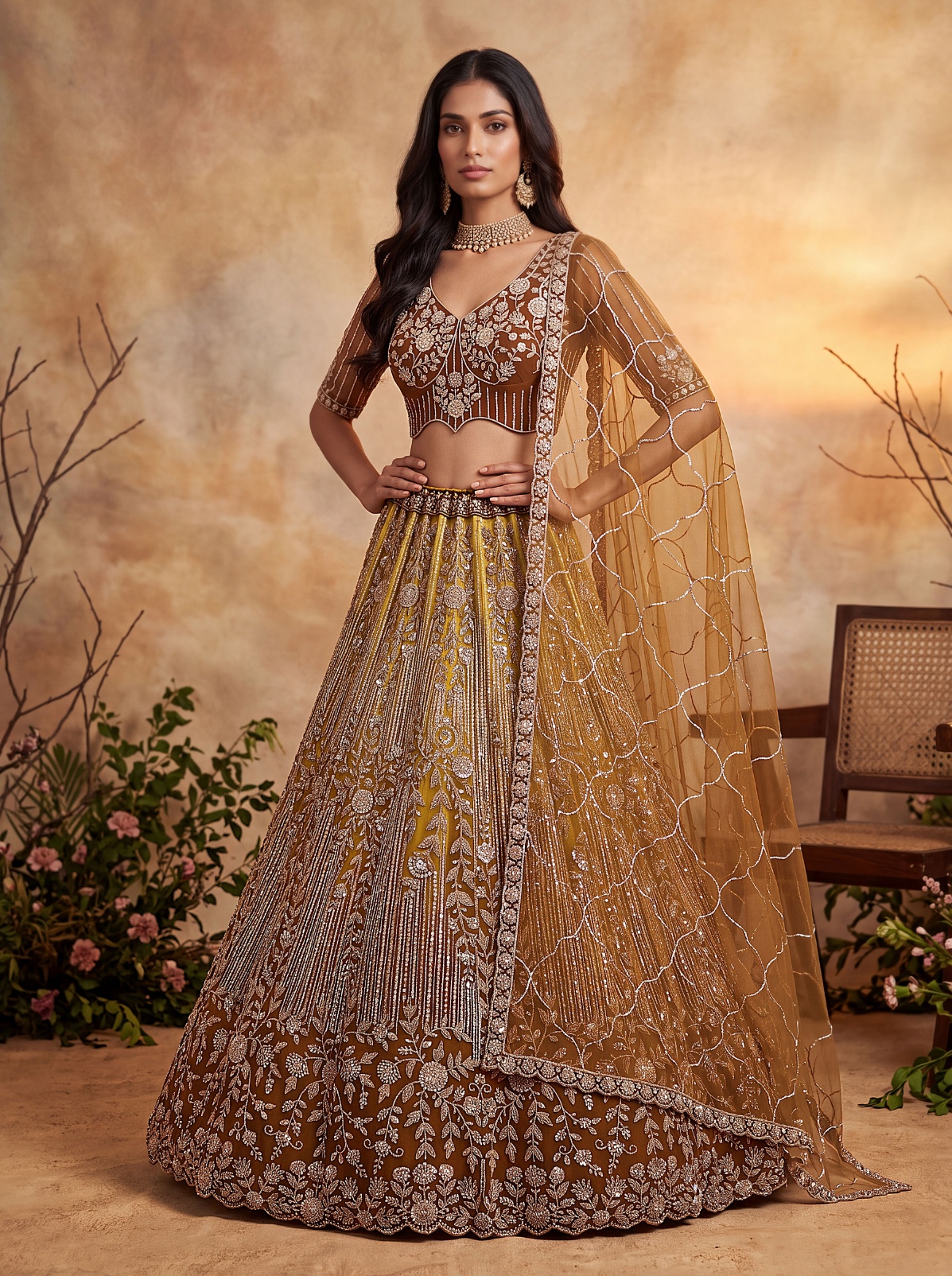Rust Floral Sequined Net Scalloped Lehenga Choli