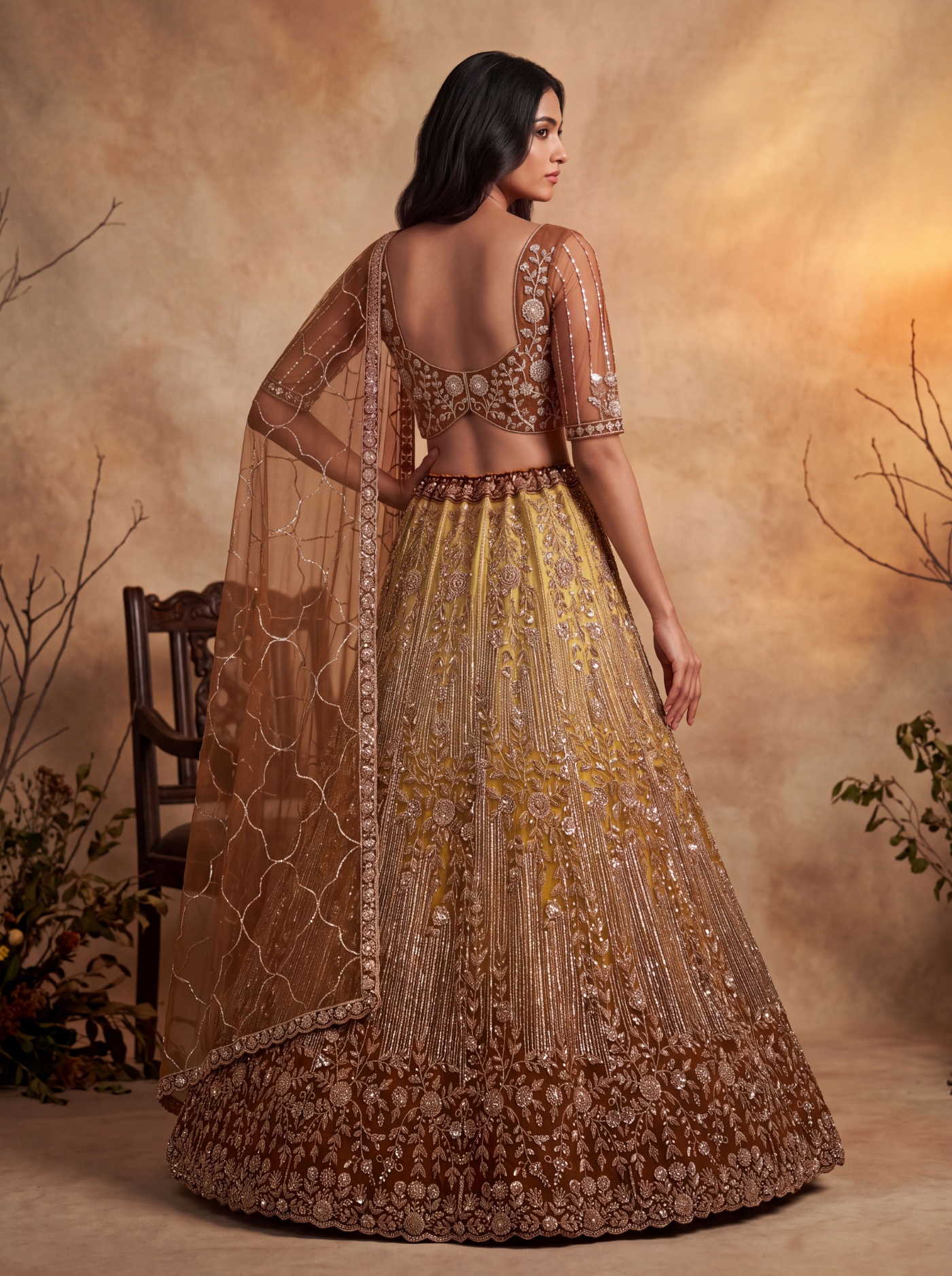 Rust Floral Sequined Net Scalloped Lehenga Choli — alternate view