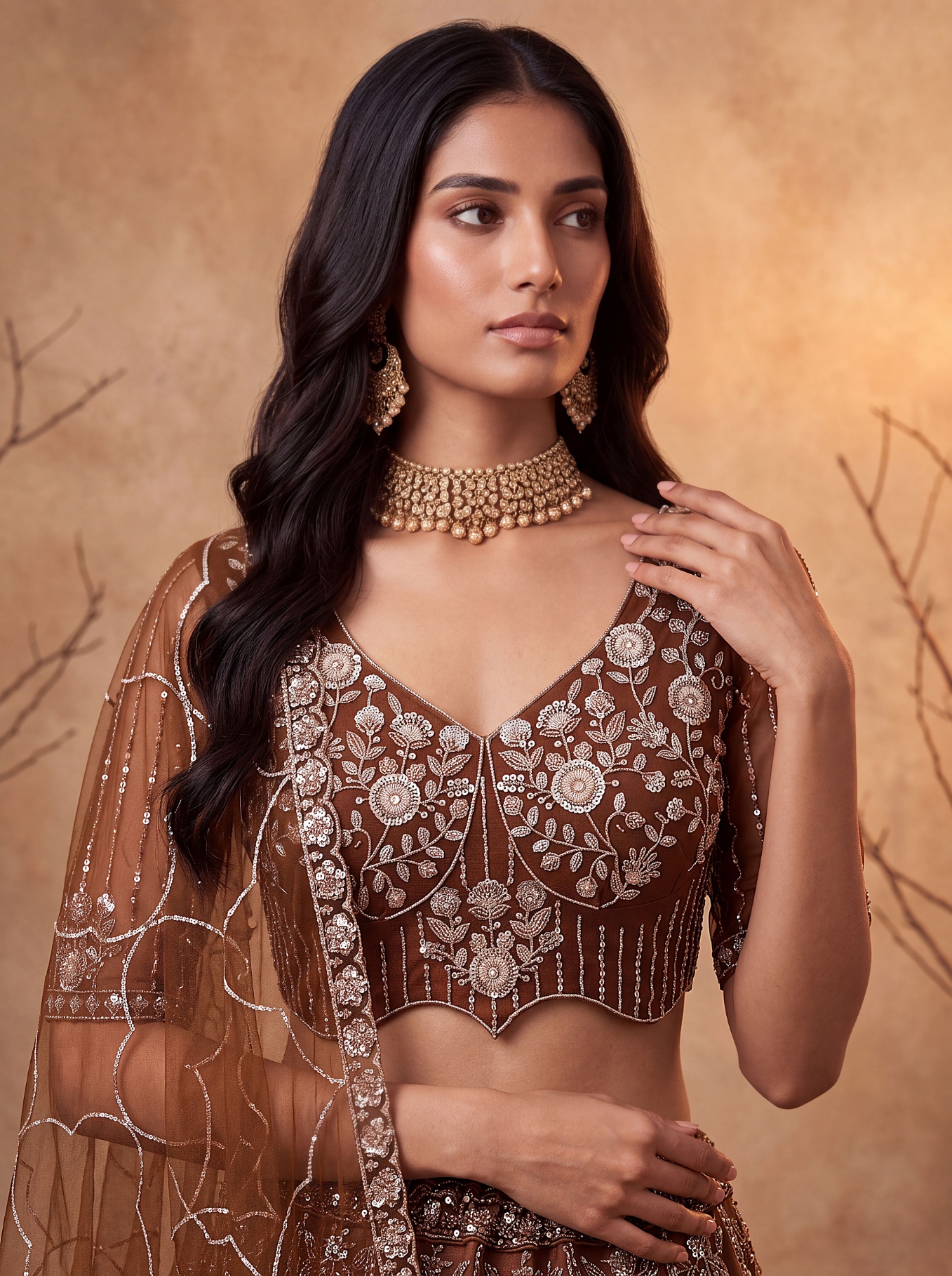 Rust Floral Sequined Net Scalloped Lehenga Choli