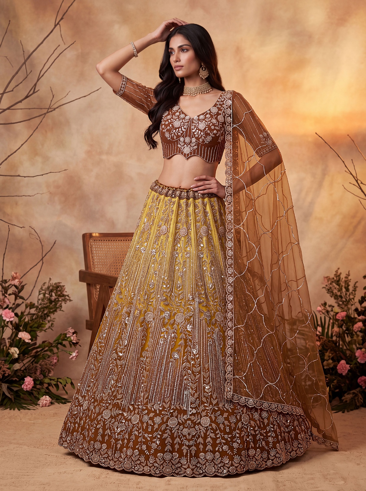 Rust Floral Sequined Net Scalloped Lehenga Choli