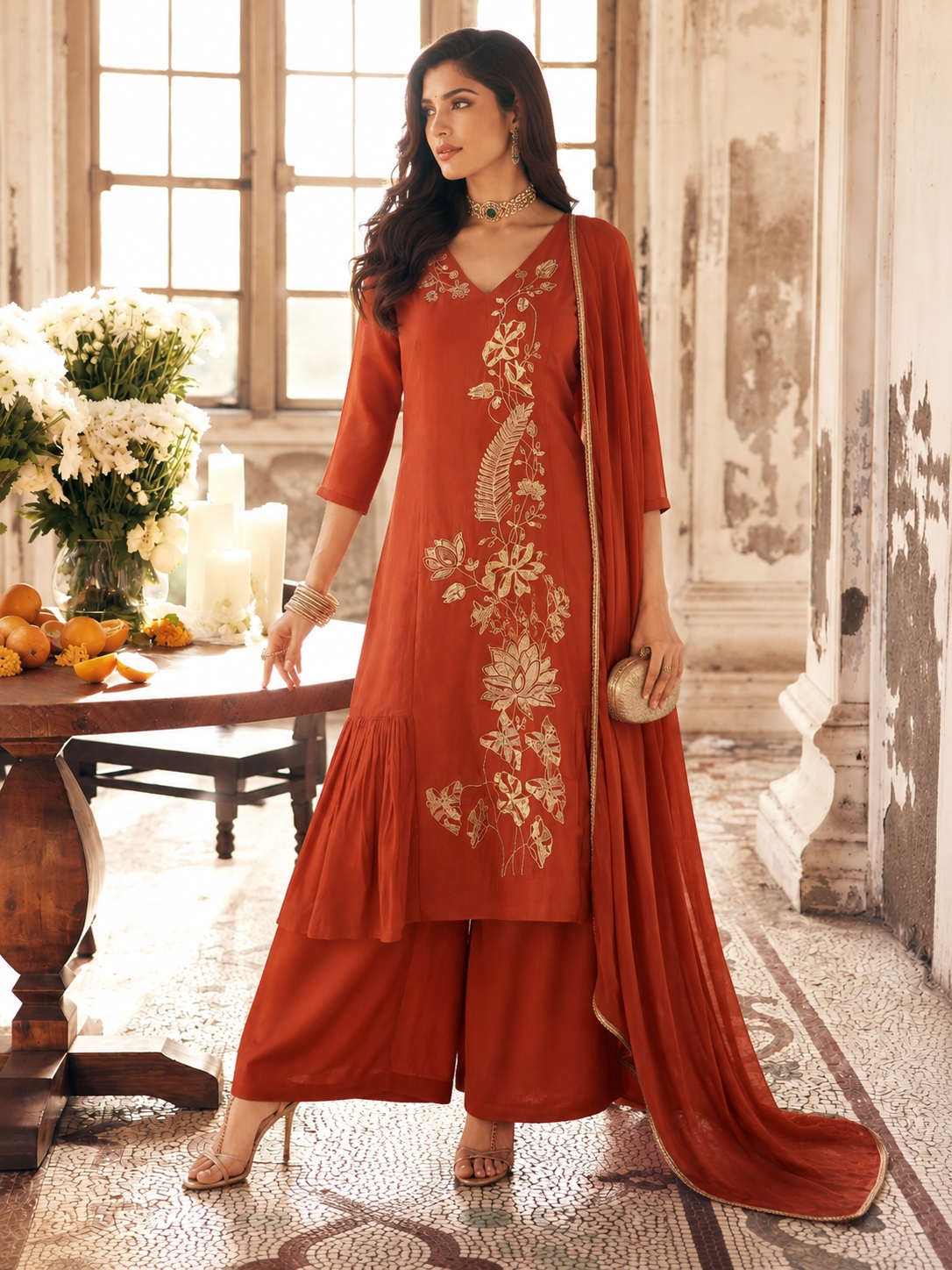 Rust Floral Sequins Mal Chanderi Salwar Suit