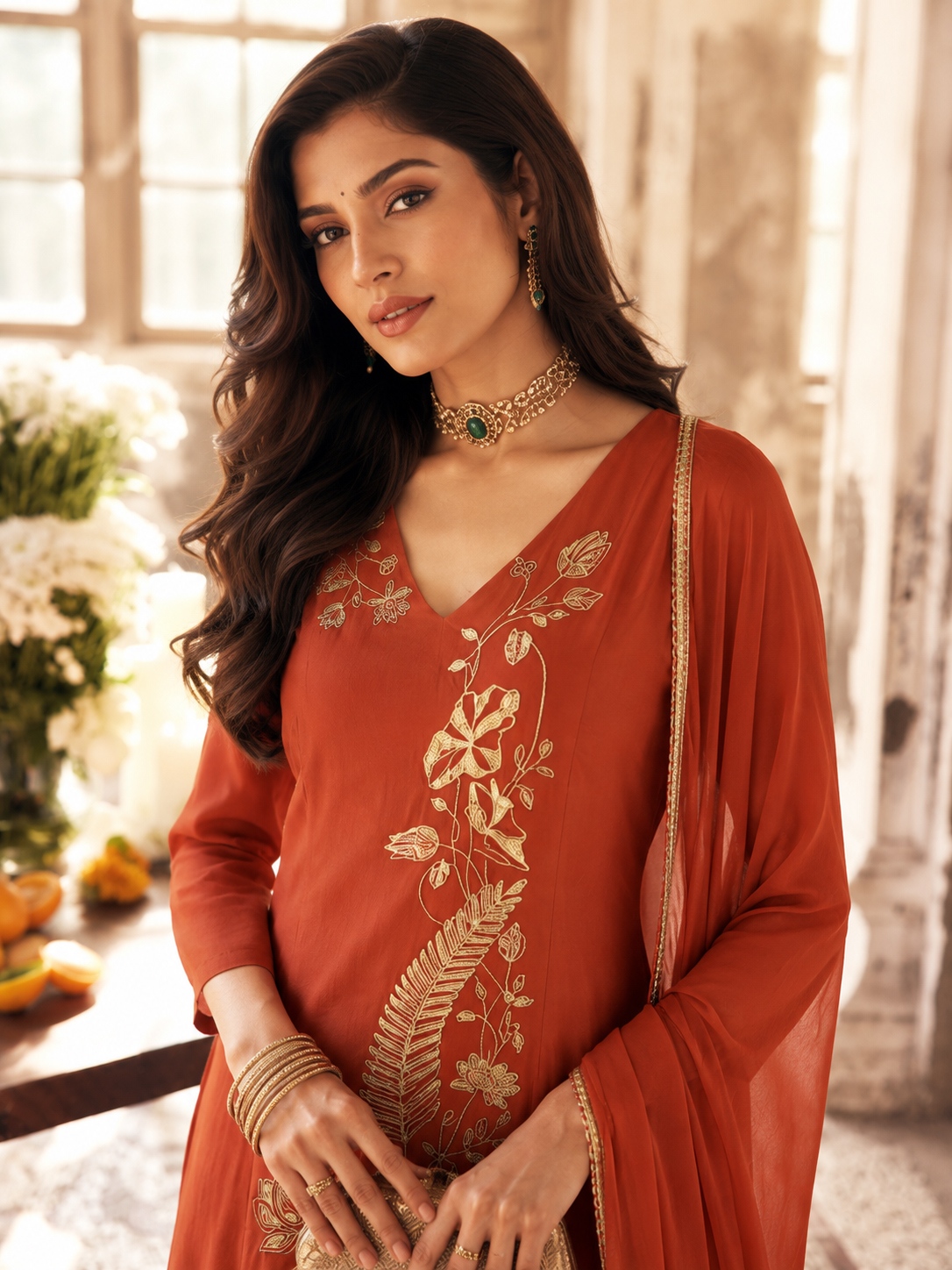 Rust Floral Sequins Mal Chanderi Salwar Suit — alternate view