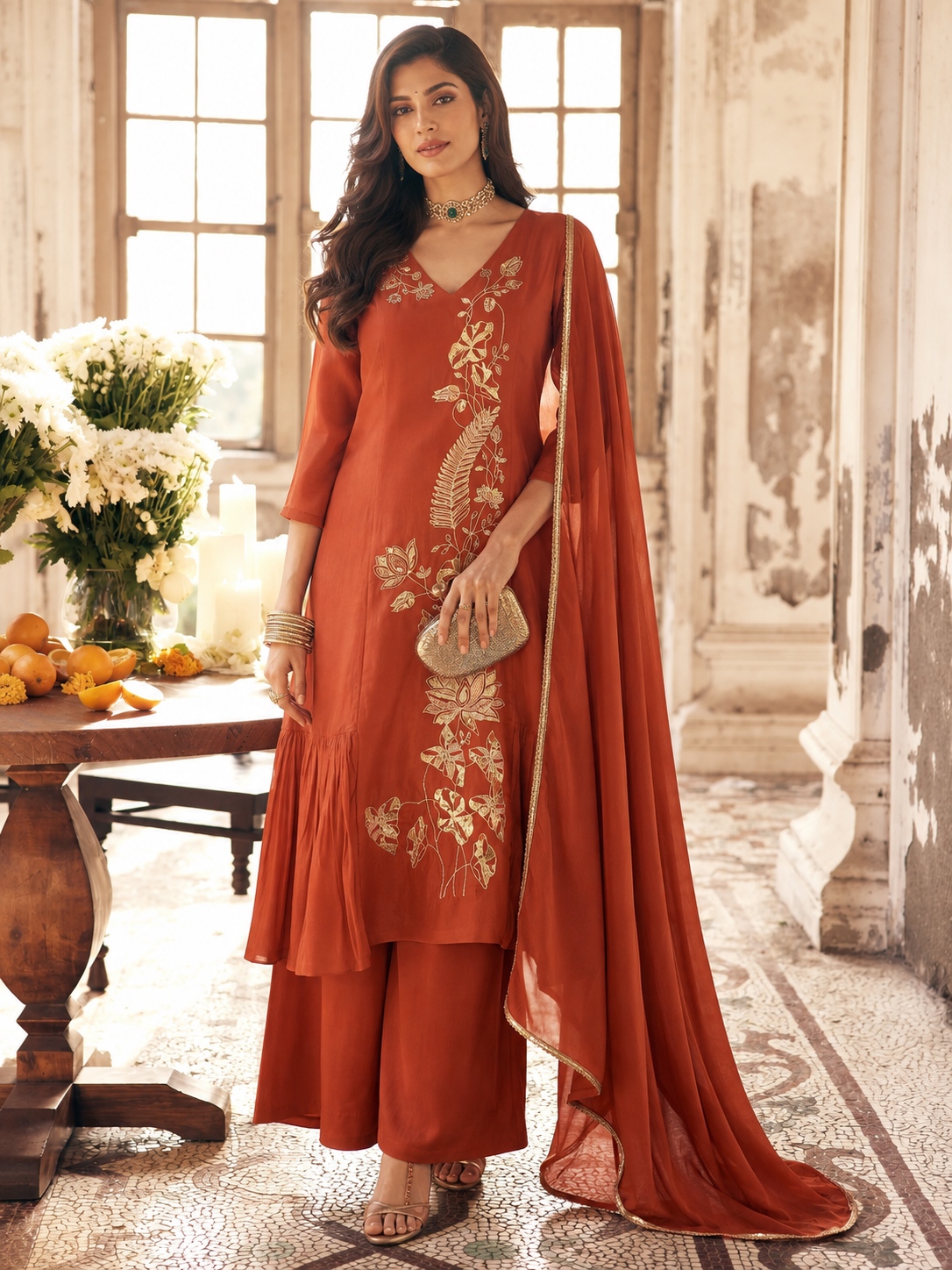 Rust Floral Sequins Mal Chanderi Salwar Suit
