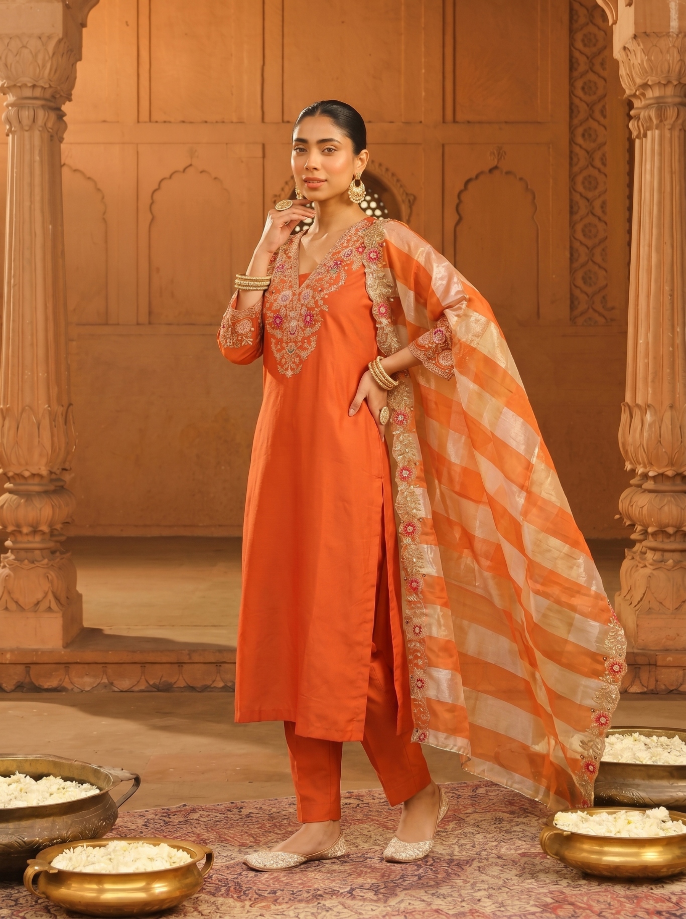 Rust Floral Thread Silk Blend Straight Suit