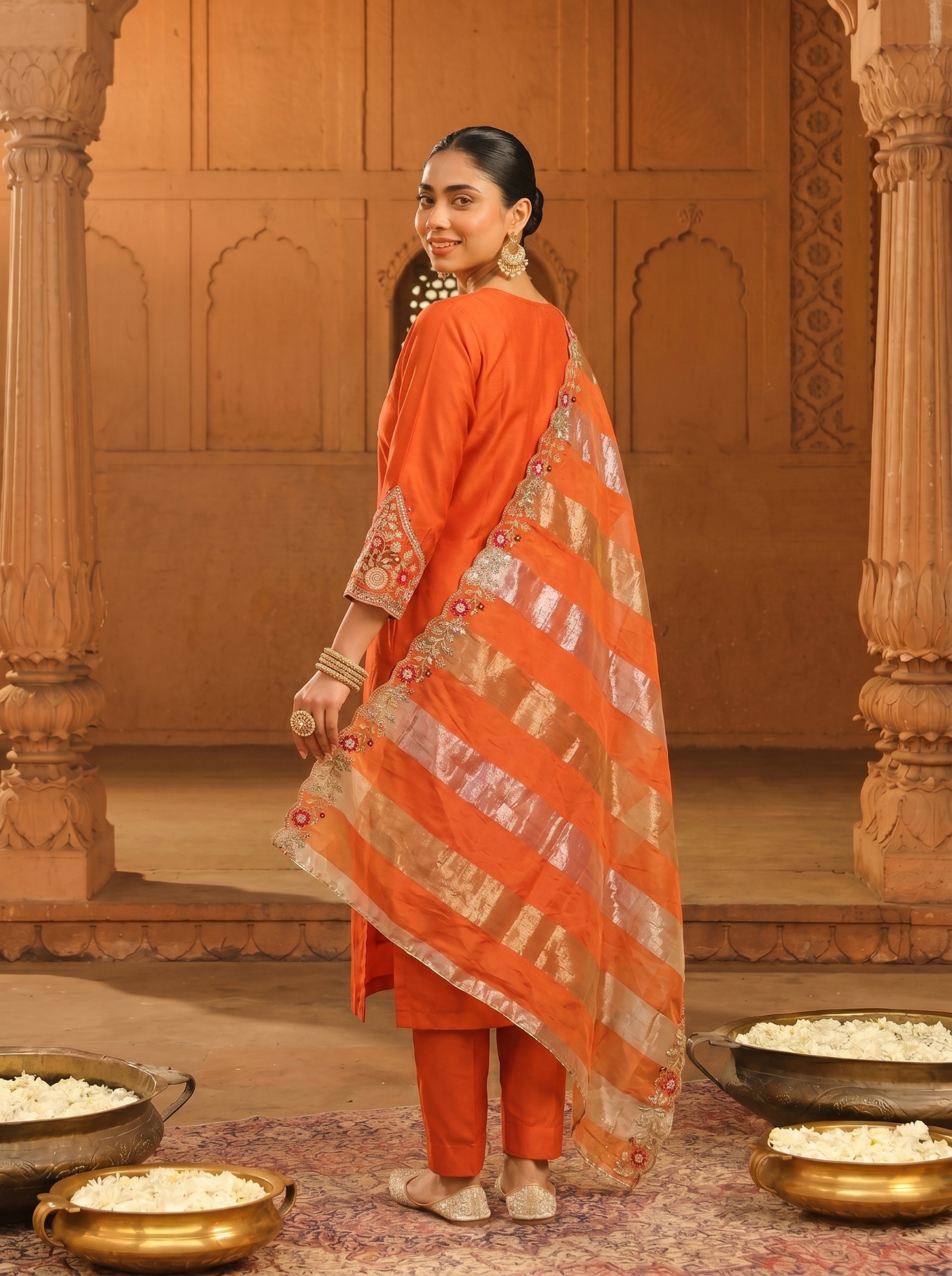 Rust Floral Thread Silk Blend Straight Suit — alternate view