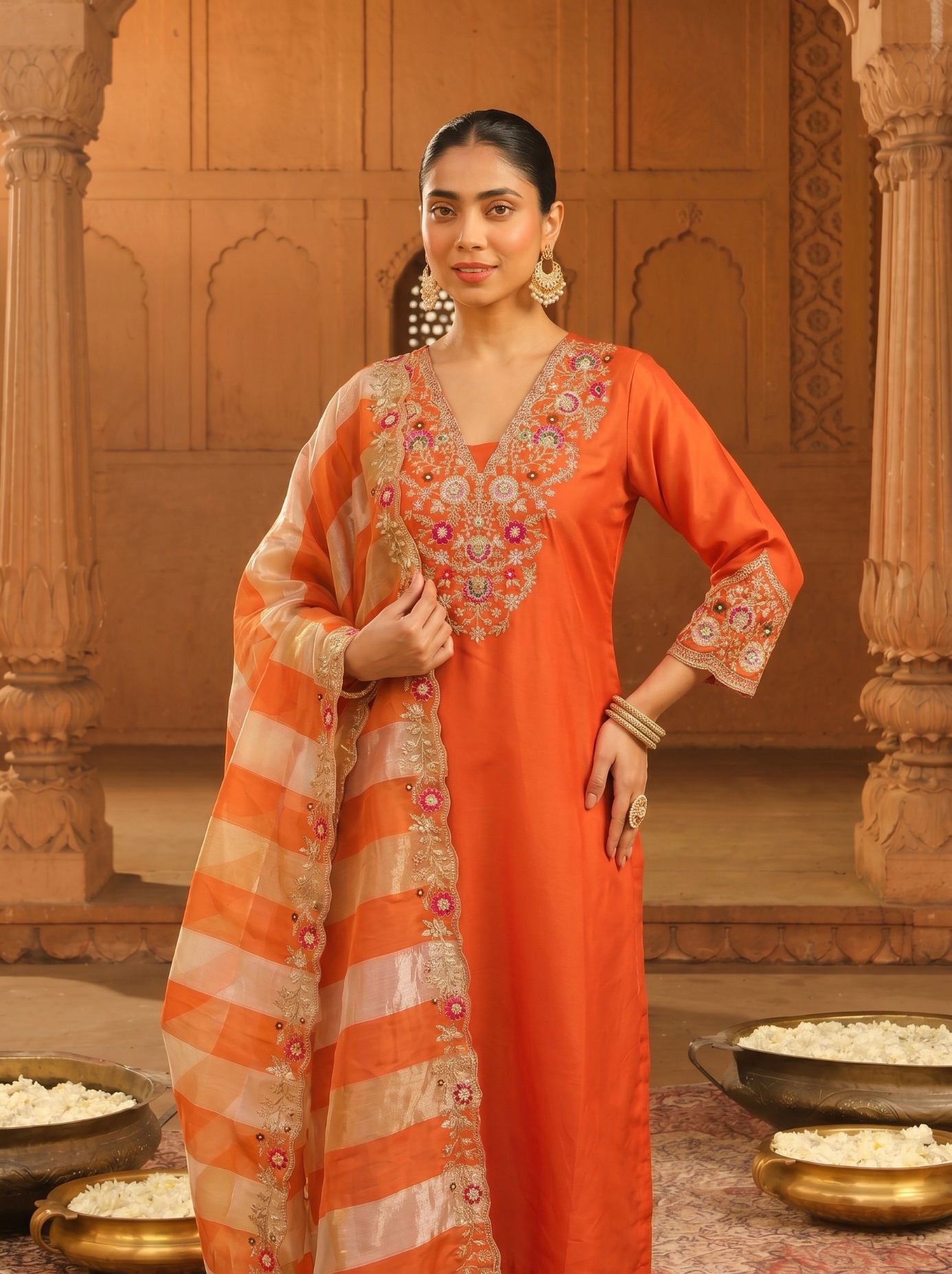 Rust Floral Thread Silk Blend Straight Suit