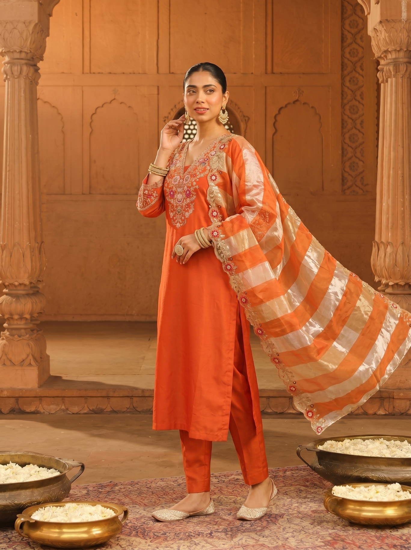 Rust Floral Thread Silk Blend Straight Suit