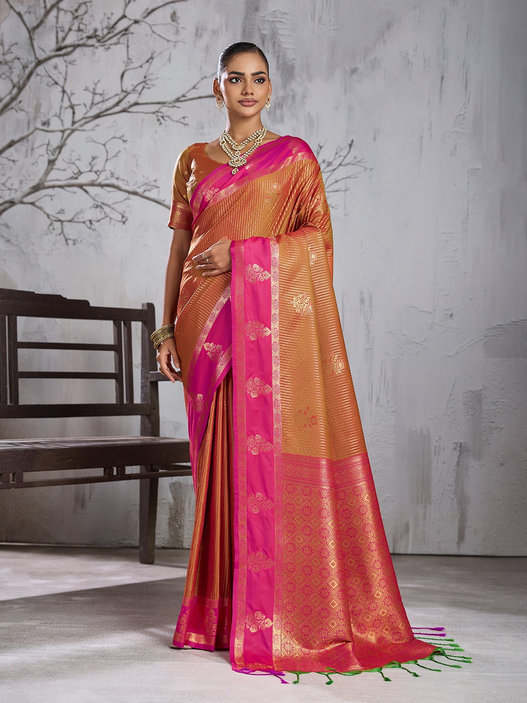 Rust Floral Woven Work Silk Saree
