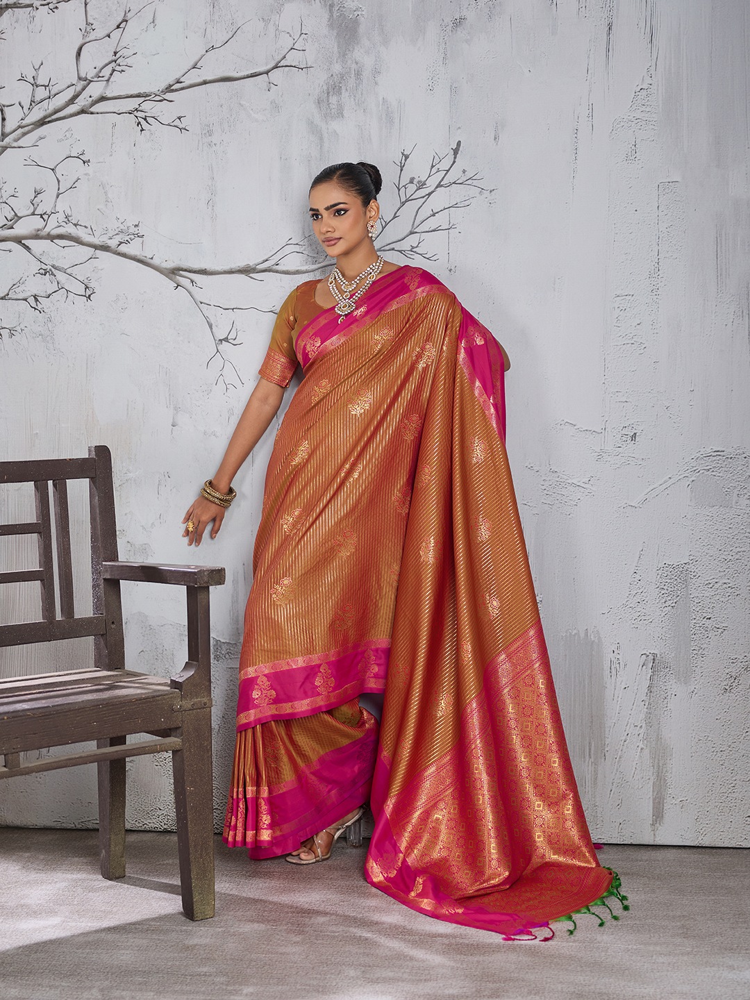 Rust Floral Woven Work Silk Saree