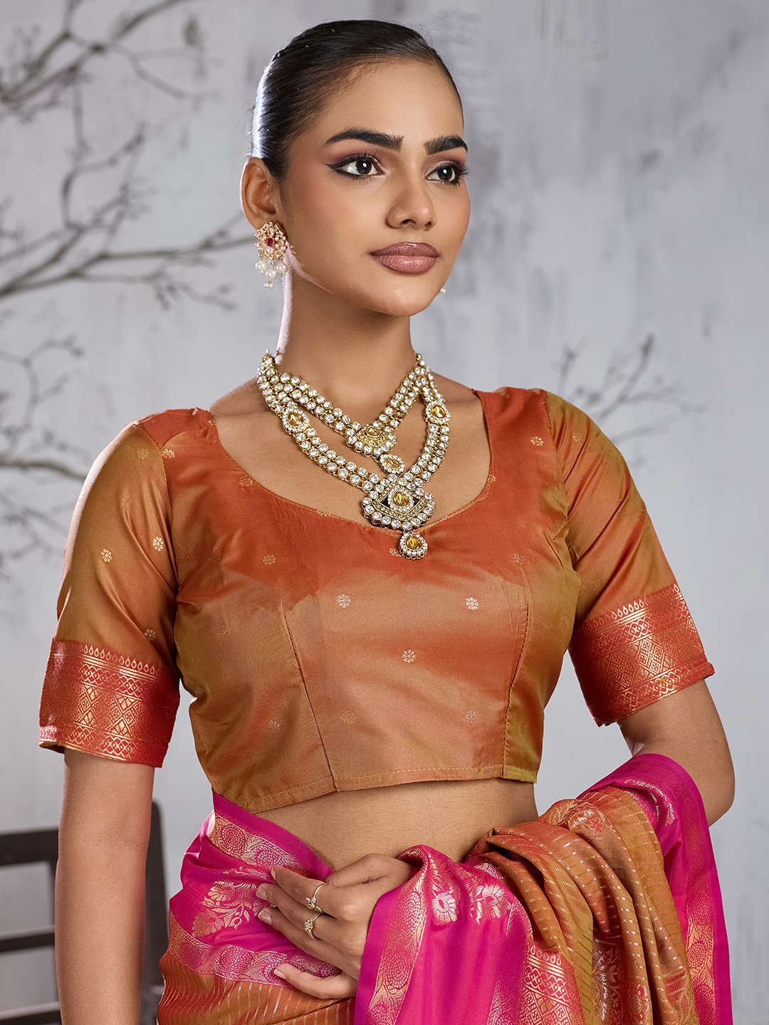 Rust Floral Woven Work Silk Saree