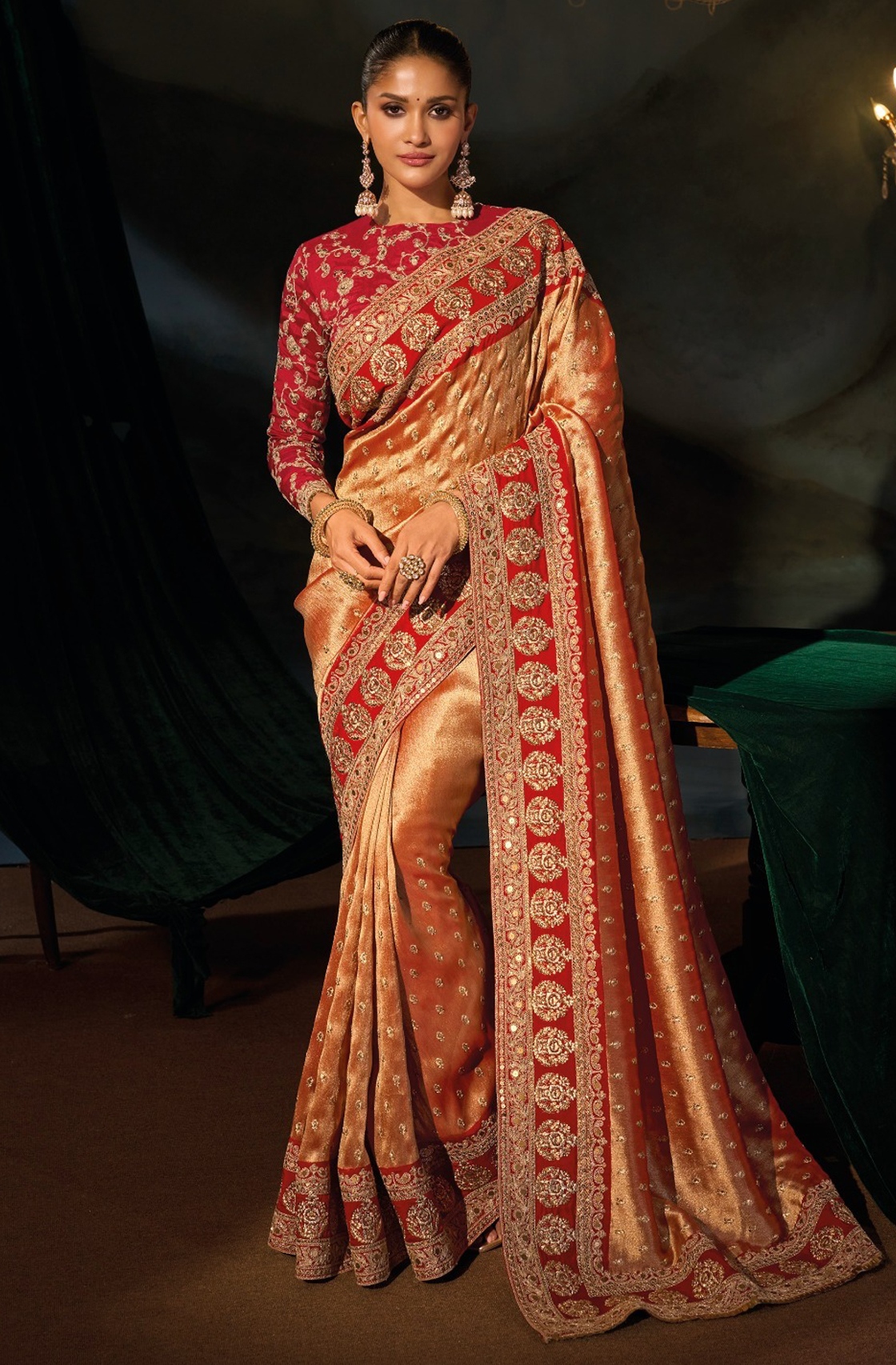 Rust Floral Zari Sequins Sabyasachi Cloth Saree