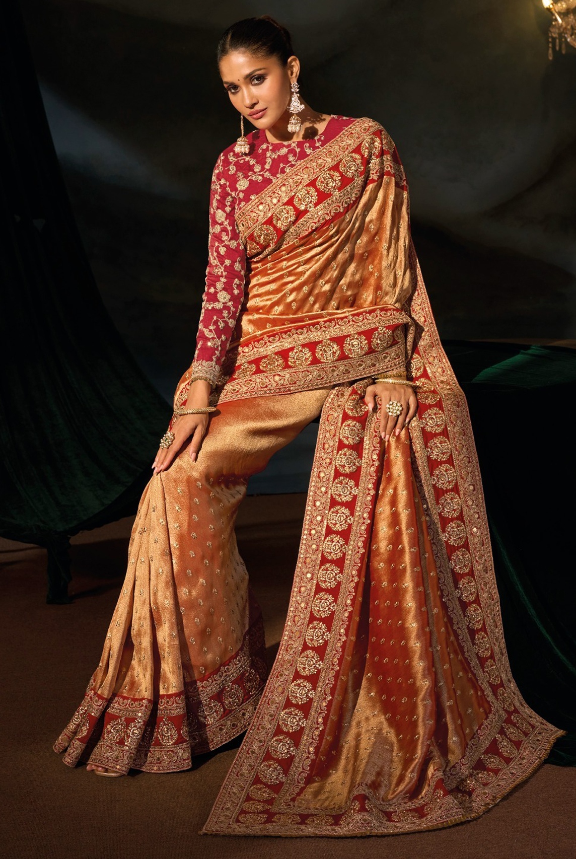 Rust Floral Zari Sequins Sabyasachi Cloth Saree — alternate view