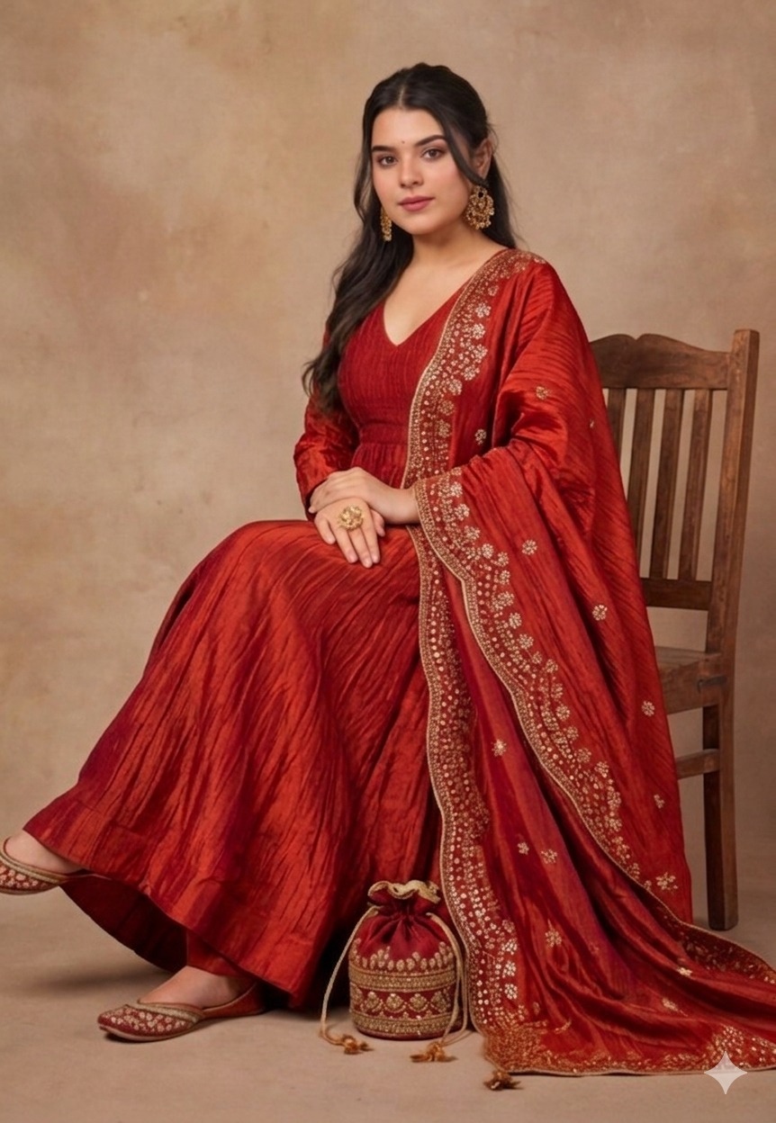 Rust Foil Printed Kum Kum Anarkali Suit