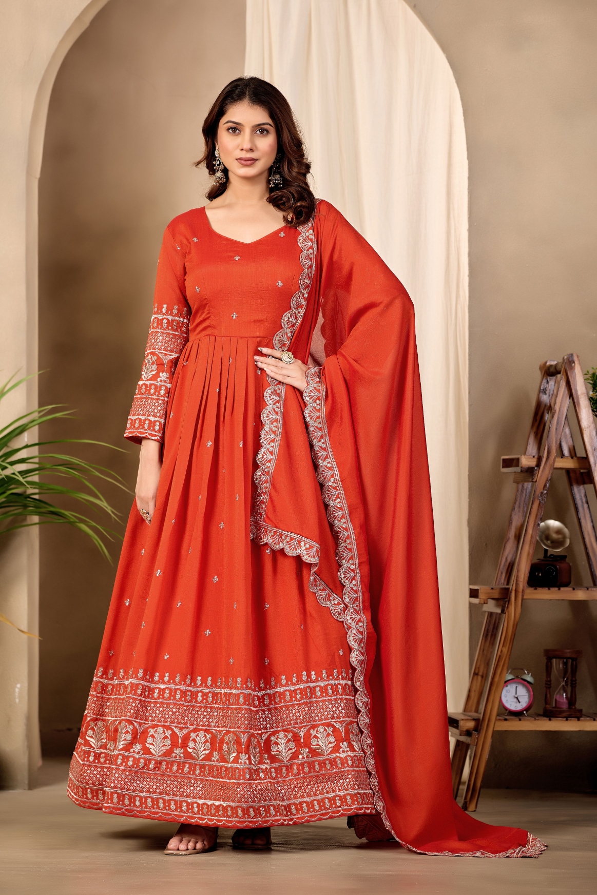 Rust Geometric Designer Embroidery Chinon Gown