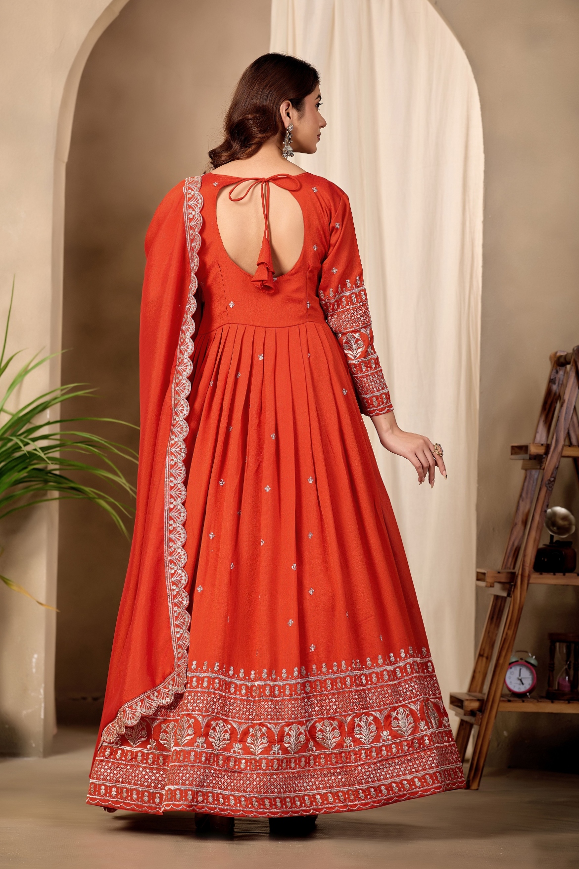 Rust Geometric Designer Embroidery Chinon Gown — alternate view
