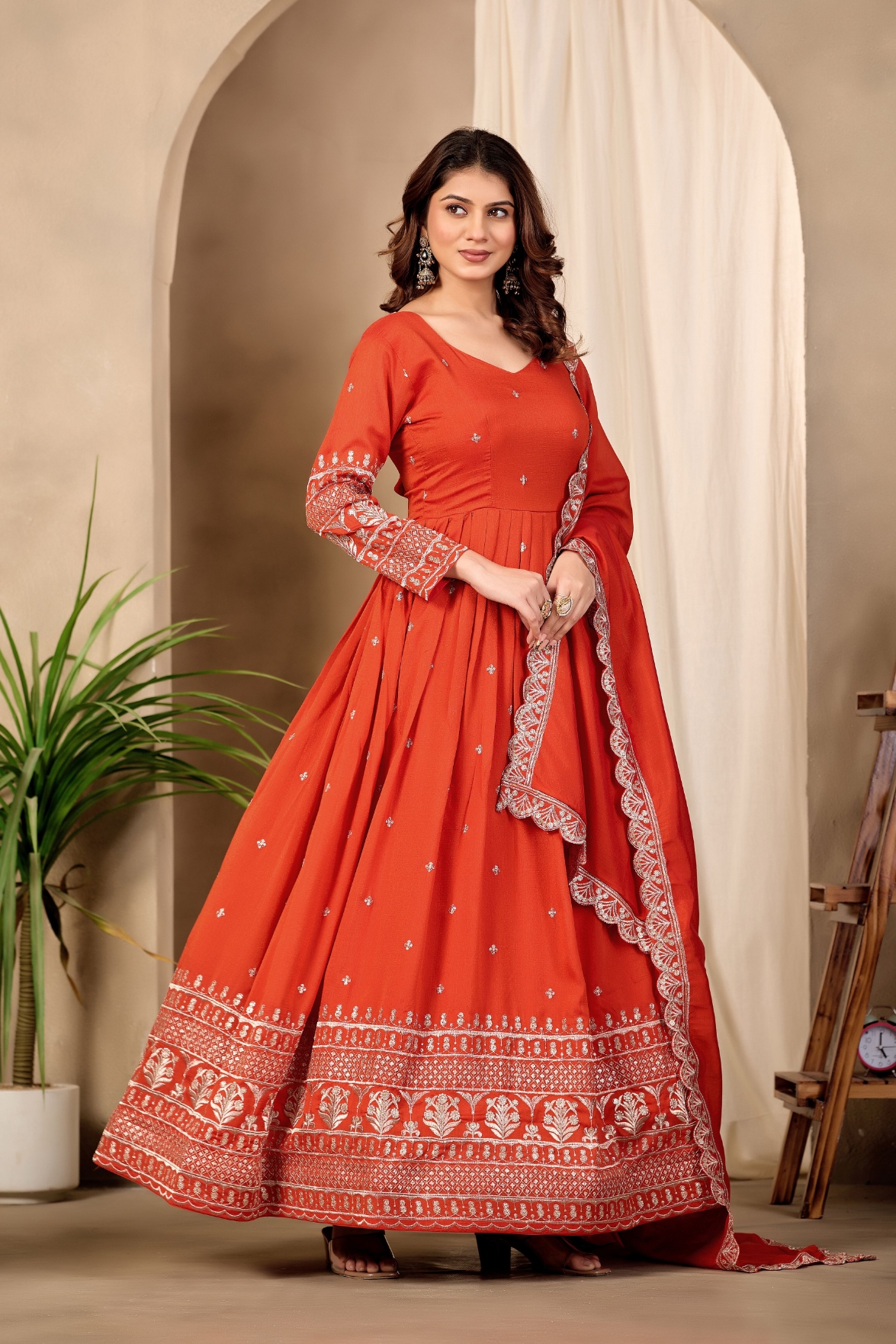 Rust Geometric Designer Embroidery Chinon Gown