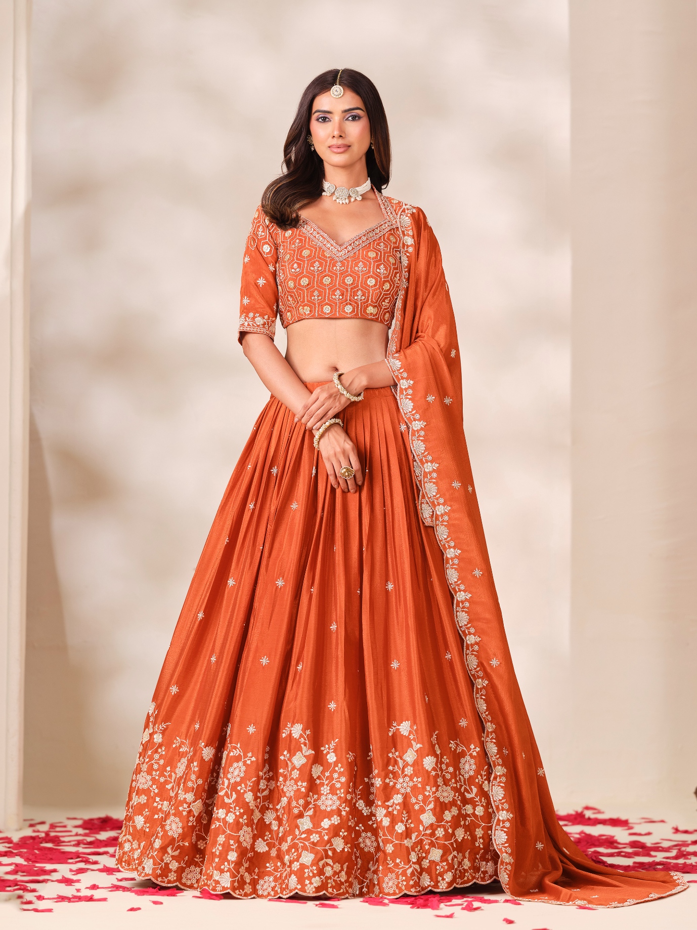 Rust Geometric Designer Embroidery Chinon Lehenga Choli