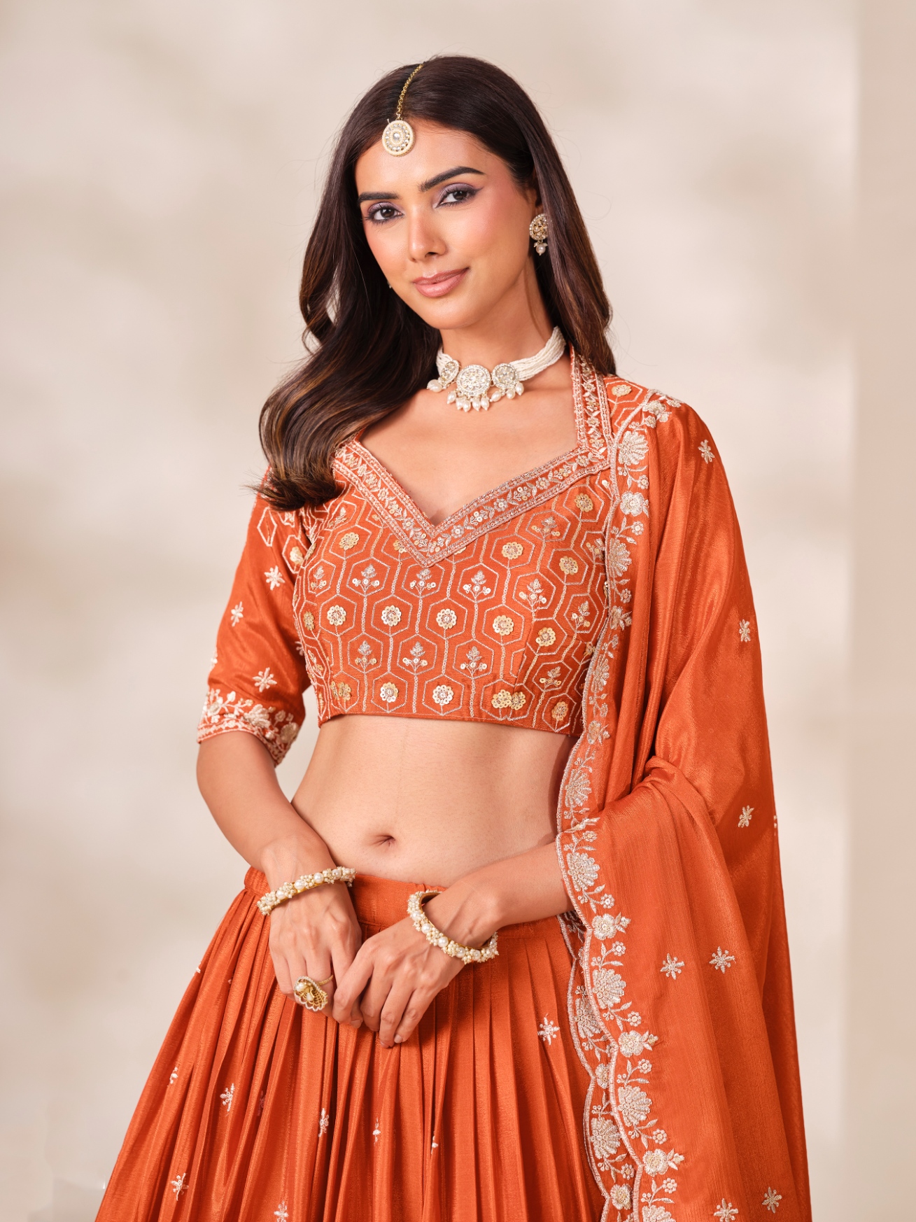 Rust Geometric Designer Embroidery Chinon Lehenga Choli