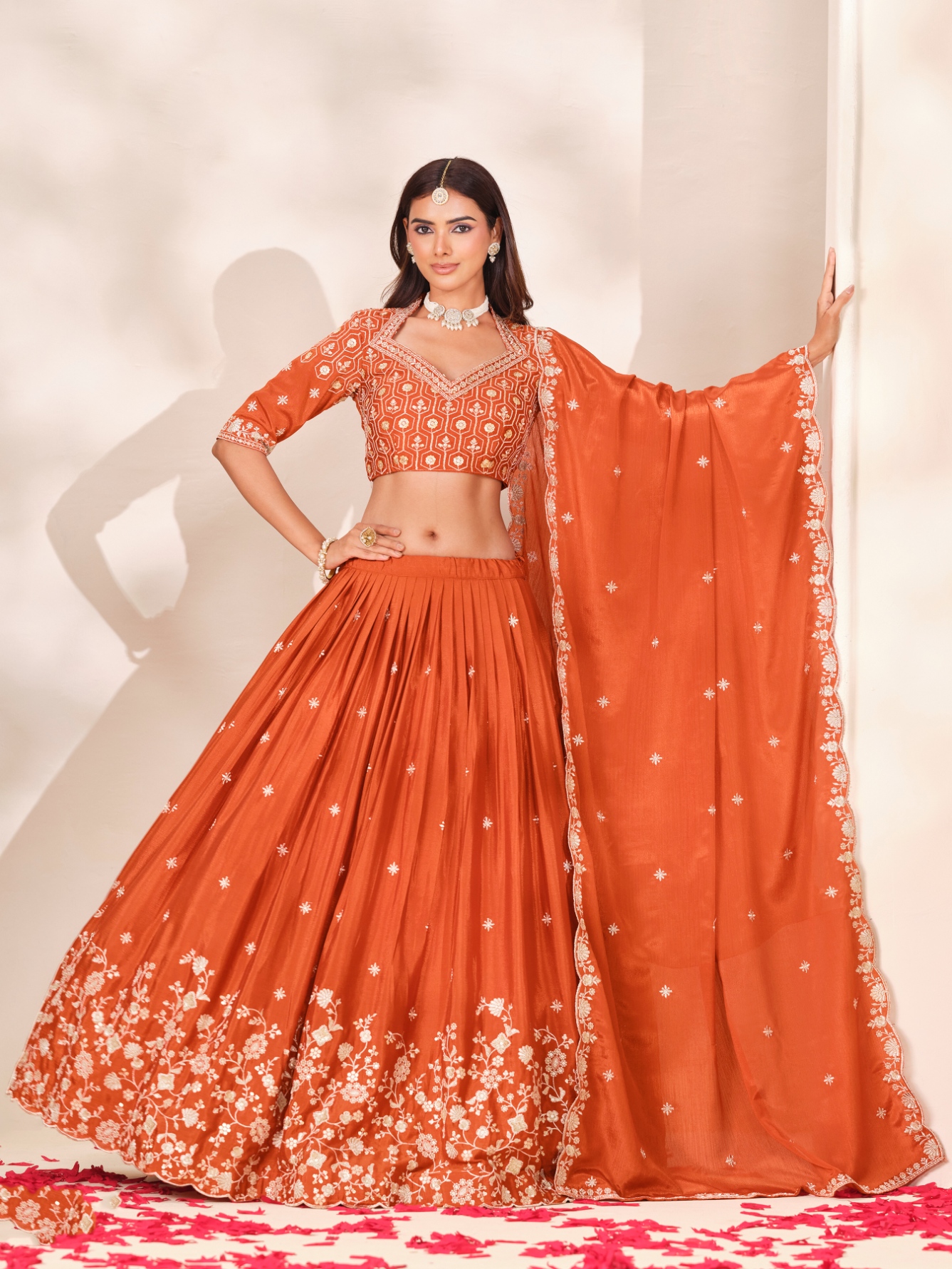 Rust Geometric Designer Embroidery Chinon Lehenga Choli