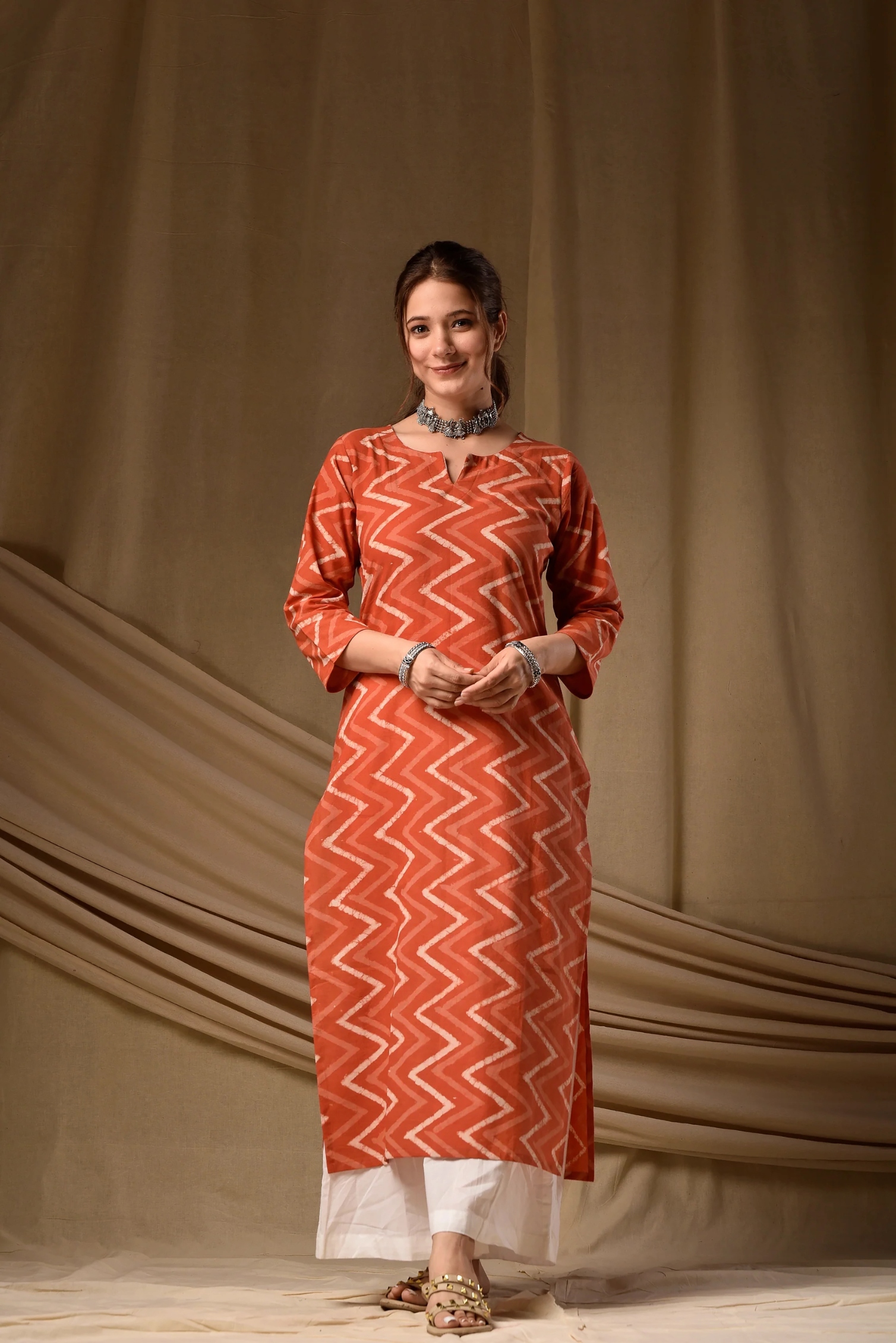 Rust Geometric Printed Cambric Cotton Kurti