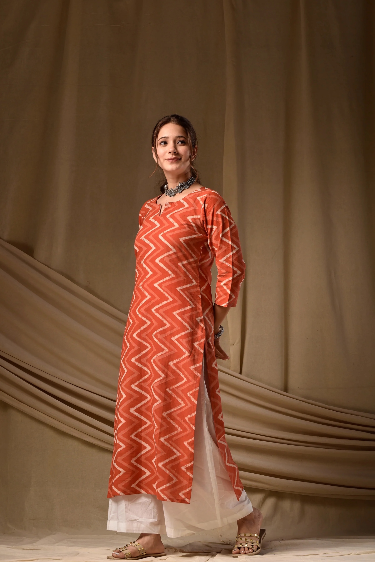 Rust Geometric Printed Cambric Cotton Kurti