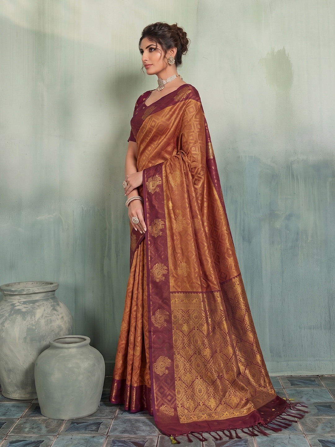 Rust Geometric Woven Designer Silk Saree