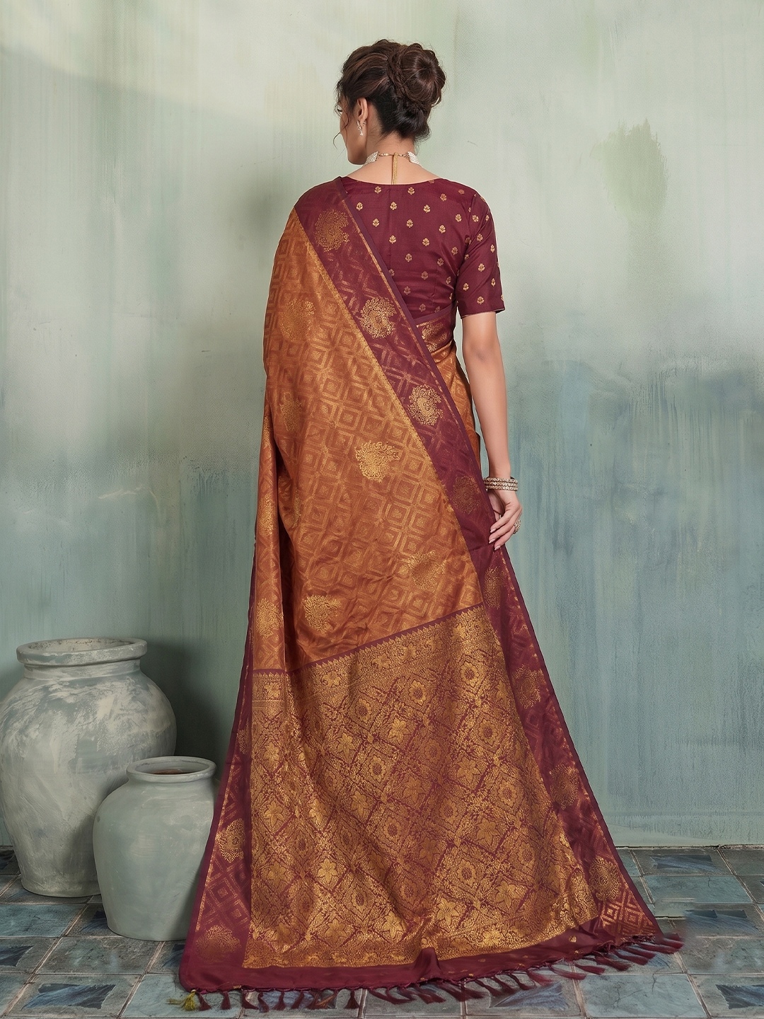 Rust Geometric Woven Designer Silk Saree — alternate view