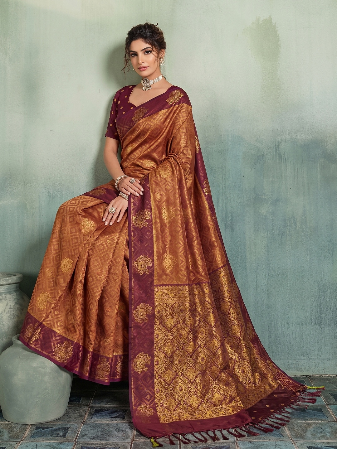 Rust Geometric Woven Designer Silk Saree